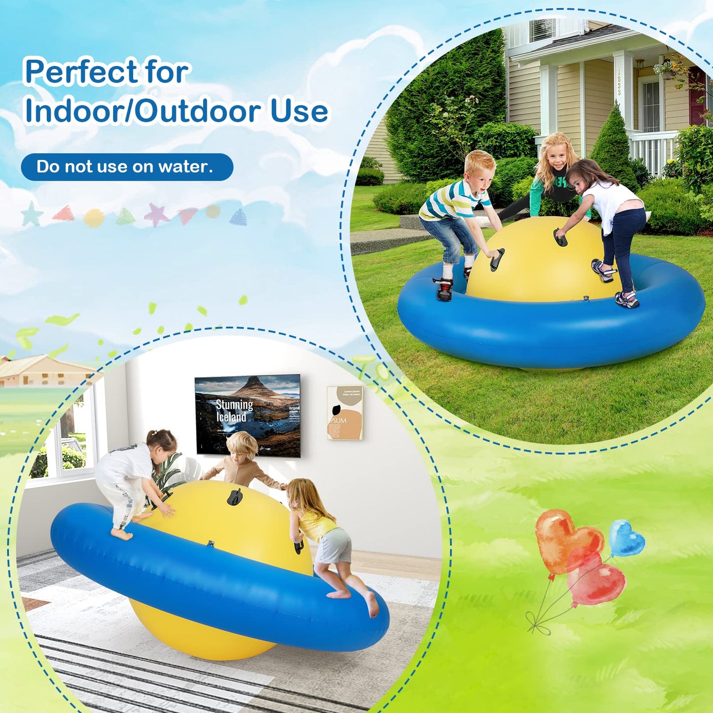 GYMAX 88'' Inflatable Dome Rocker Bouncer, Giant Inflatable Rocking Planet with 6 Handles, Indoor Outdoor Large Blow Up Rocking Ball for 5 Years Old+ Boys Girls, Max Weight 113kg (Pink+Green)