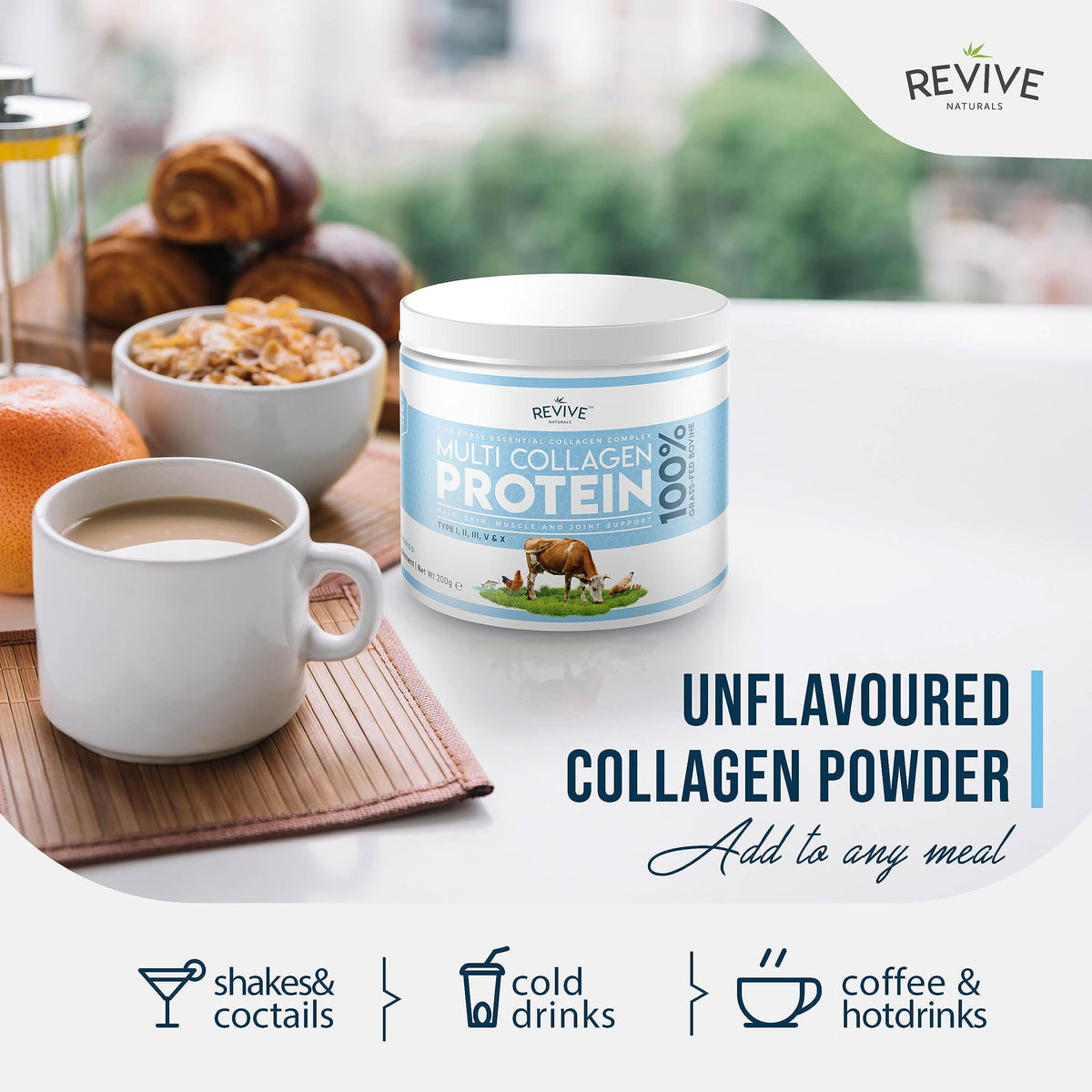 Multi Collagen Protein Powder 400g - Types I, II, III, V & X - Hydrolyzed Grass Fed Bovine, Wild Caught Fish, & Free-Range Chicken & Eggshell Collagen by Revive Naturals