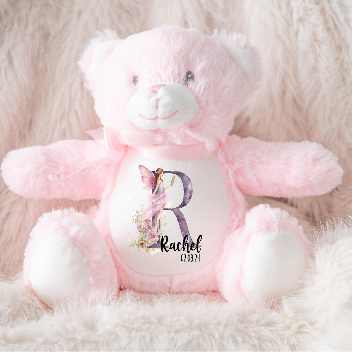 Crafted Memories - Personalised Teddy | Velveteen Bunny Soft Toy | Customisable Name for Newborns | Keepsake for Boys & Girls | Baby Shower Item | Pink Initial | Grey or White, 20-23cm