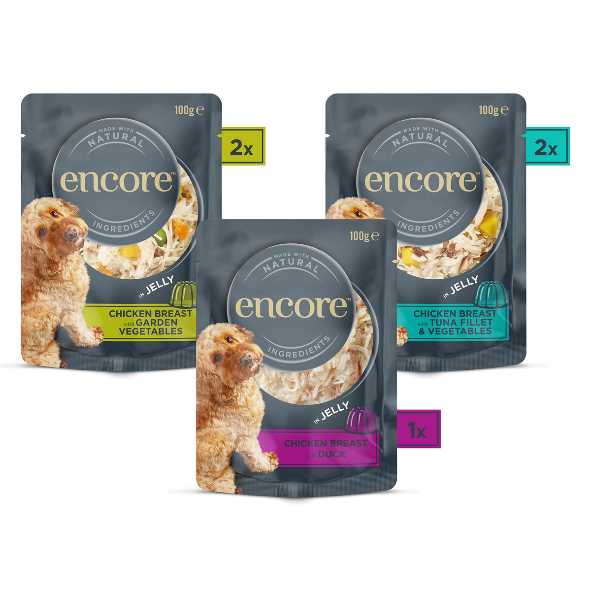 Encore 100% Natural Wet Dog Food, Chicken with Fish Selection in Broth 100g Pouch (Pack of 15x100g)