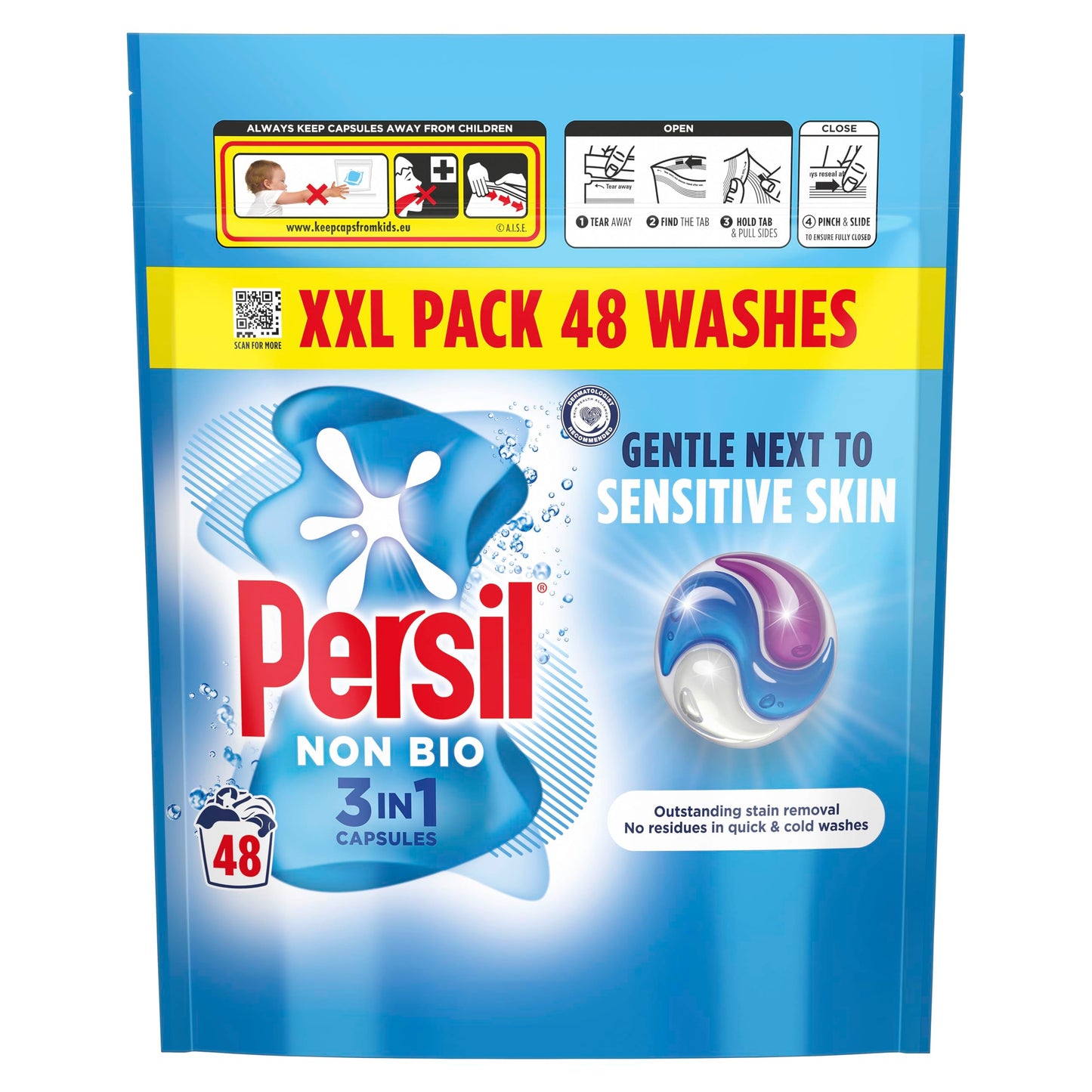 Persil Bio 3 in 1 Washing Capsules 1st time removal of tough stains outstanding stain removal in quick & cold washes 48 washes