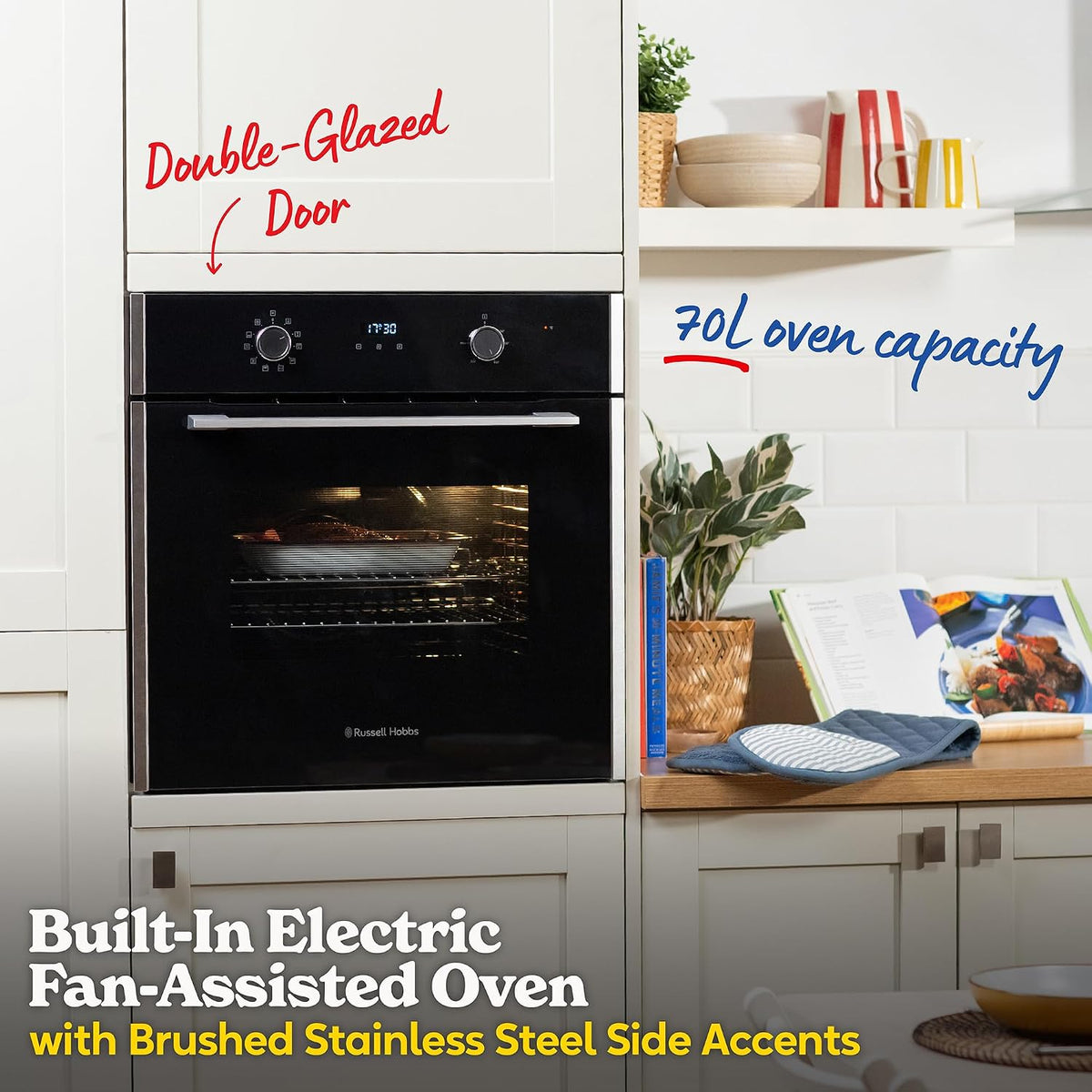 Russell Hobbs Built-in Multifunctional Electric Fan-Assisted Oven 70L in Black with 10 Functions, Double-Glazed Door, A Energy Rating, Grill Function, LED Clock & Timer, Easy-Clean Interior, RHEO7011B