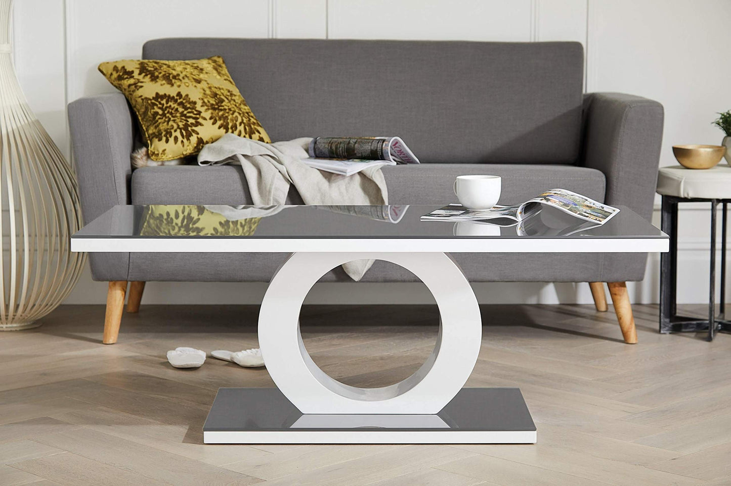 Furniturebox UK Giovani Black & White Glass Coffee Table - Modern & Elegant Gloss Coffee Table With Central Halo - Suitable for Living Room (Black & White)