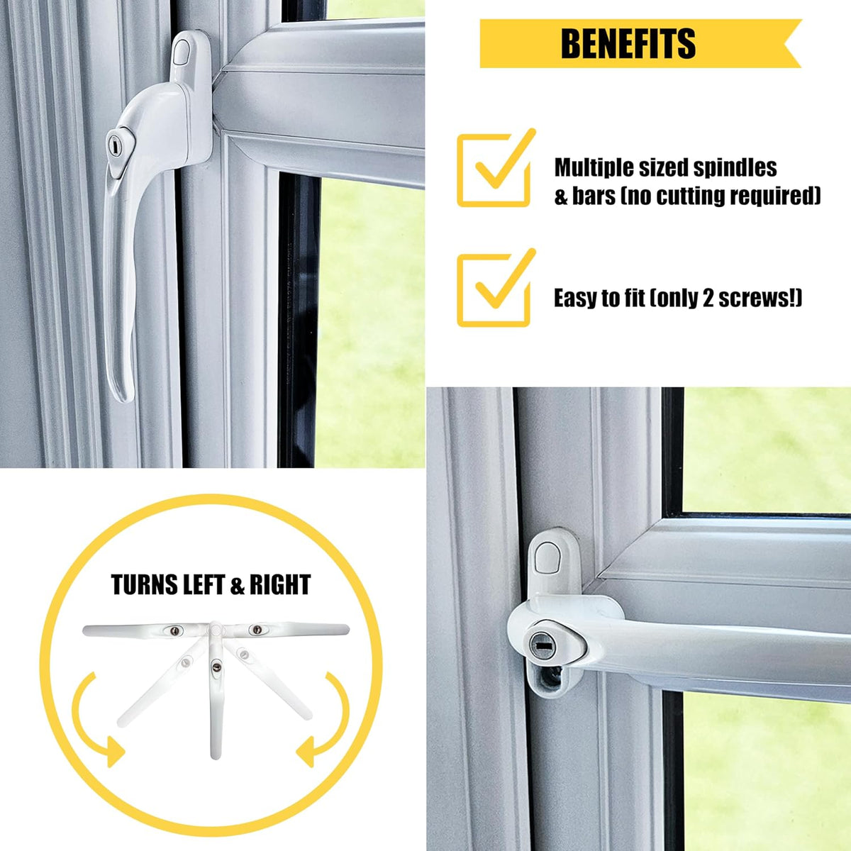 Home Secure™ Universal Locking uPVC Window Handle with Keys – Espag Window Handle Replacement, Reversible Left or Right, Multi-Spindle Fit, White