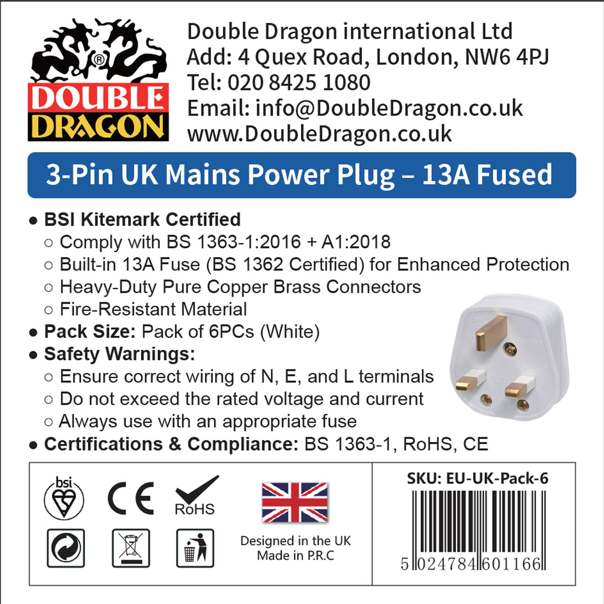 Double Dragon 13 Amp UK 3-Pin Plug | Heavy-Duty Rewireable Electrical Plug | Durable & Safe PC Flame Retardant Material | BS1363 & BSI Certified | Cord Grip for Secure Wiring (Pack of 2, Black)