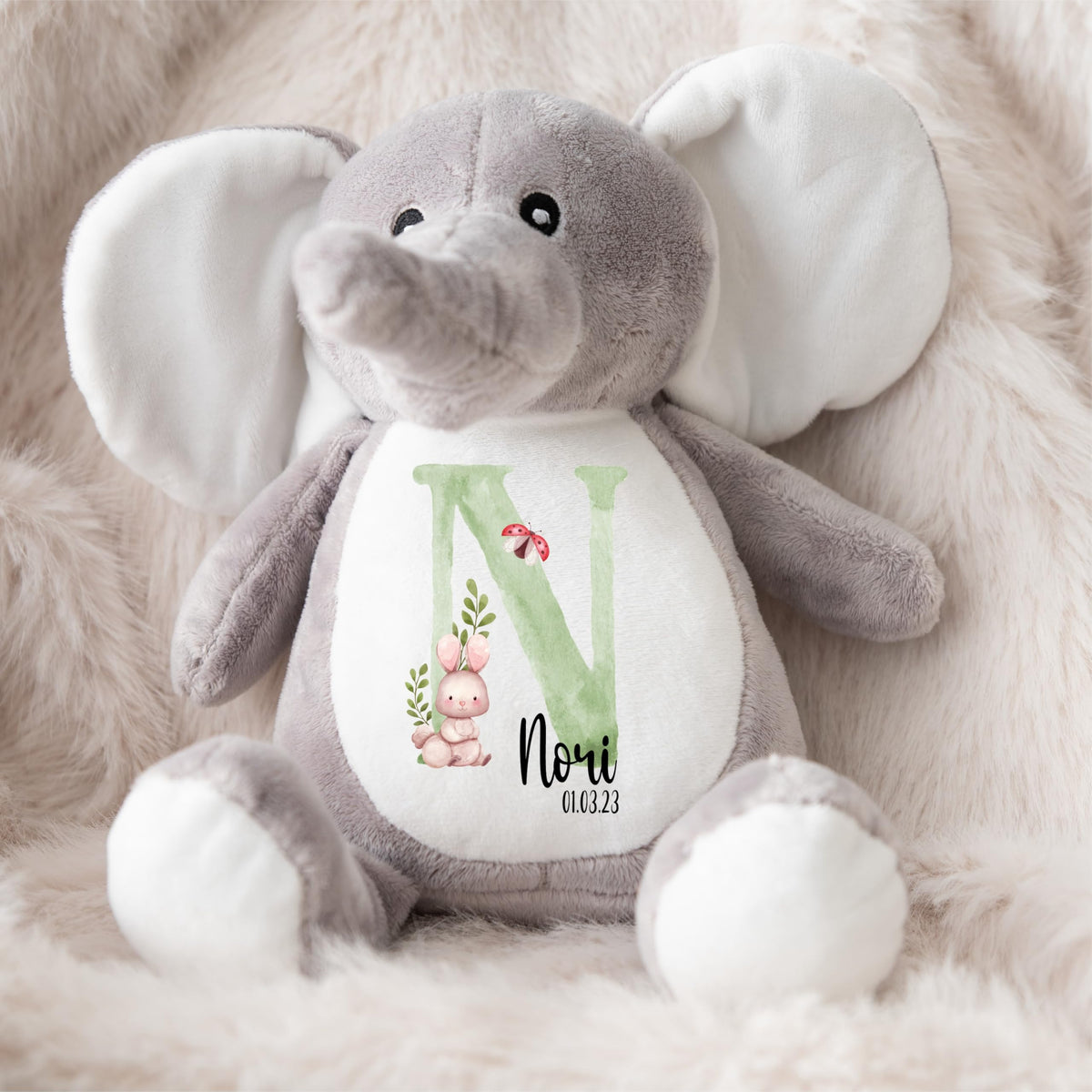 Crafted Memories - Personalised Teddy | Velveteen Bunny Soft Toy | Customisable Name for Newborns | Keepsake for Boys & Girls | Baby Shower Item | Pink Initial | Grey or White, 20-23cm