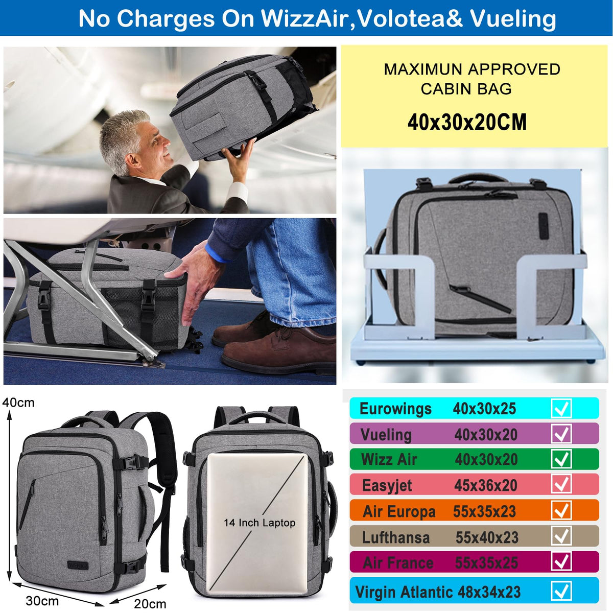 Ryanair Cabin Bags 40x30x20 Underseat 24L Small Travel Backpack Cabin Size