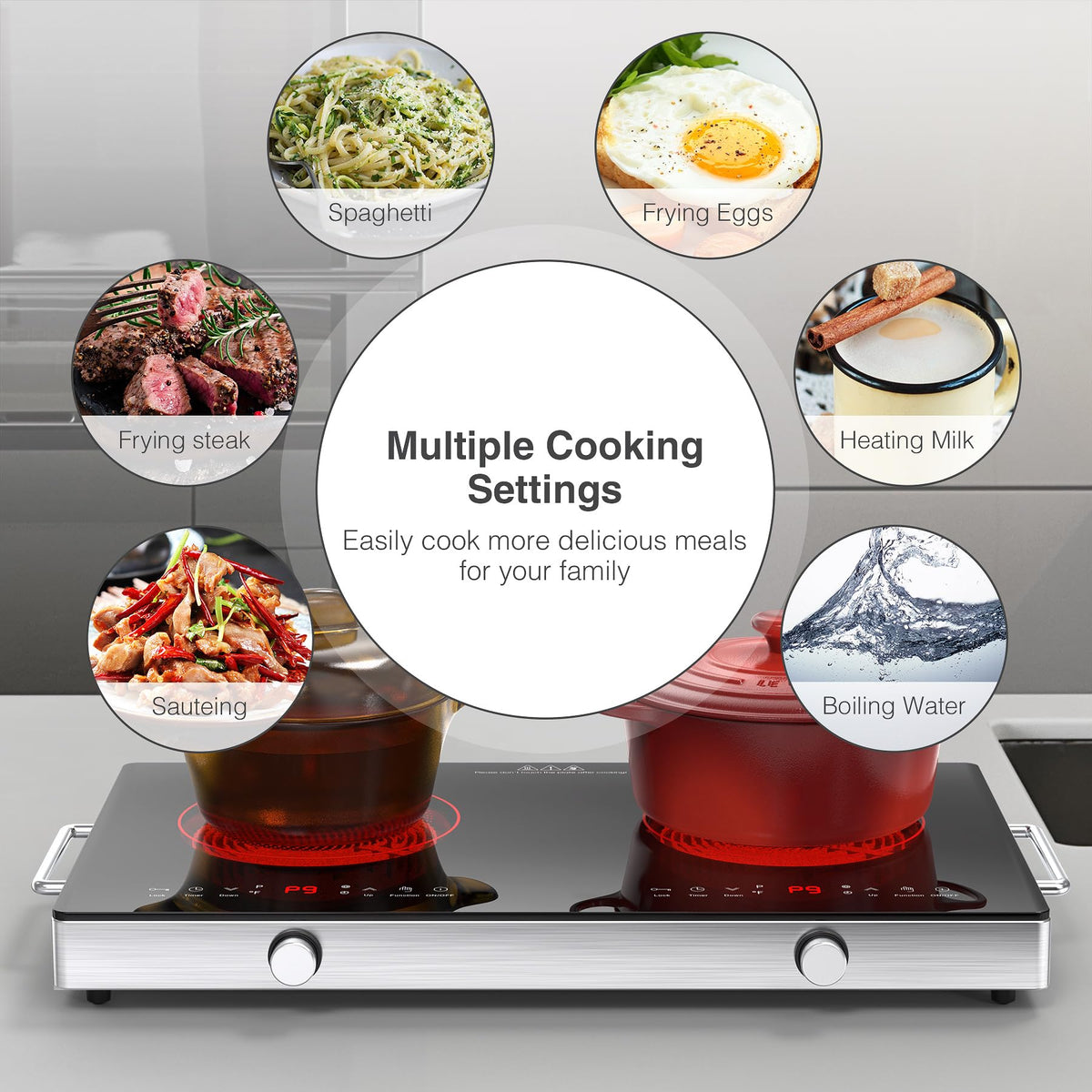 VBGK 2 Ring Electric Hob with Knob, 220V 3000W Double Ceramic Hob, 9 Power Levels, Kids Lock & Timer, Hot Surface Indicator, Overheat Protection, Knob and Touch Control Double Electric Hob