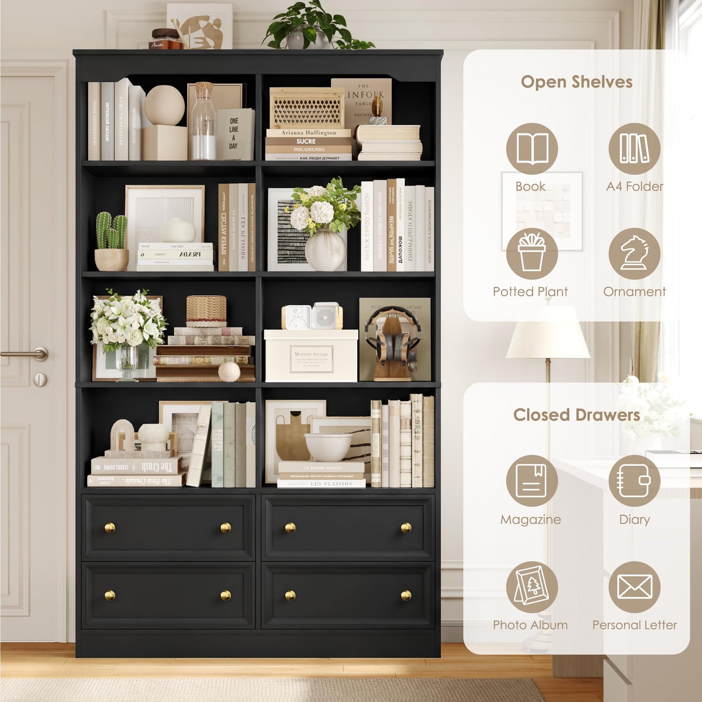 FirFurd Bookcase 180cm Tall Bookshelf with Drawers Living Room Bookcase 8 Open Compartments Free Standing Display Shelf Tall Shelving Unit for Home Office 180x100x30cm White