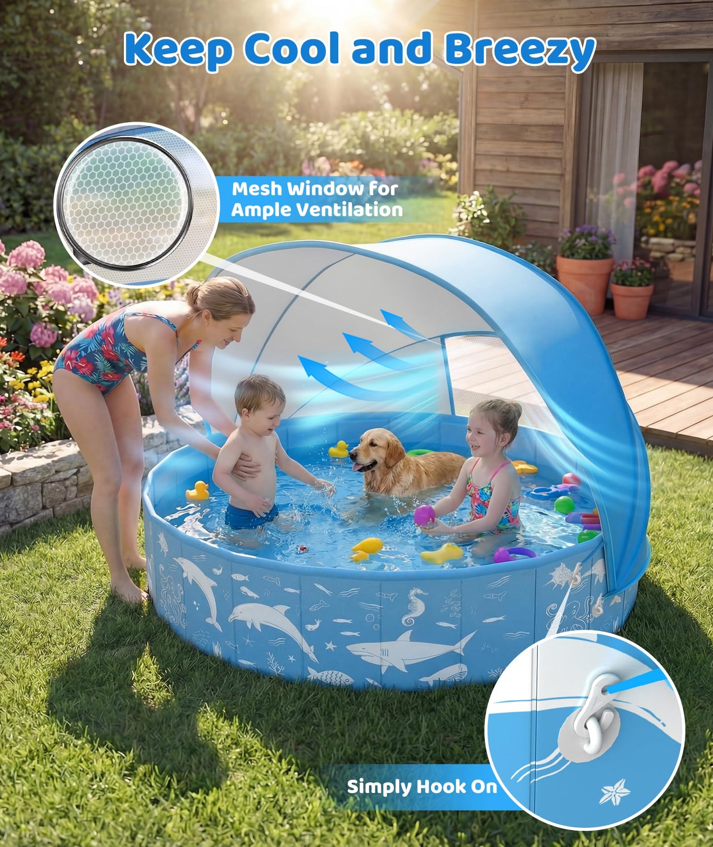 Instraella Dog Paddling Pool with Canopy, Large Dog Pool with UV Protection, Foldable Paddling Pool for Kids & Dogs, Thickened Pet Swimming Pool, Portable Dog Bath Tub for Small, Medium, Large Pets