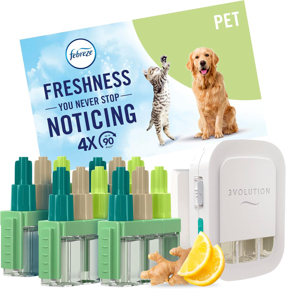 Febreze 3Volution Air Freshener Plug in Starter Kit Pet Fresh Scent 4x20ML