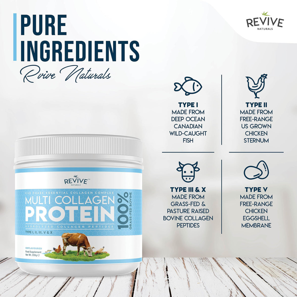 Multi Collagen Protein Powder 400g - Types I, II, III, V & X - Hydrolyzed Grass Fed Bovine, Wild Caught Fish, & Free-Range Chicken & Eggshell Collagen by Revive Naturals