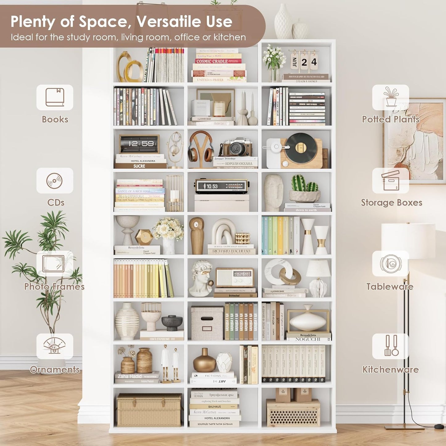 FirFurd Tall Bookcase CD DVD Storage Unit Tower Wooden Display Rack with Adjustble Shelves 27 Storage Compartments White Bookshelf 102.5x23.5x190cm