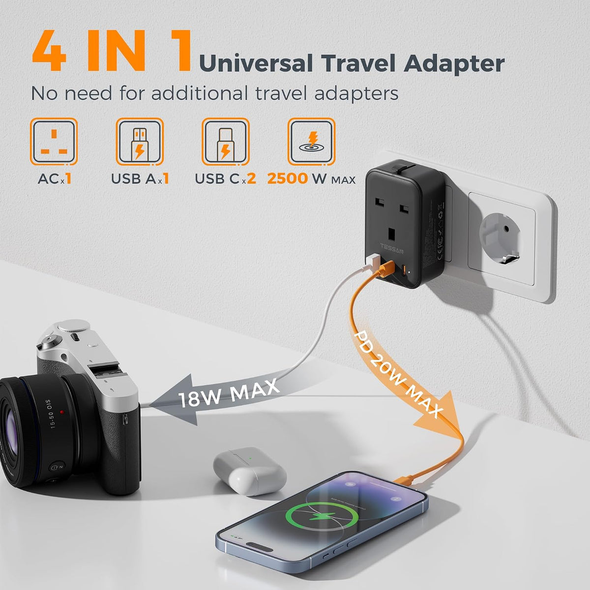 TESSAN UK to Universal Travel Adapter, 1 Pack, Black