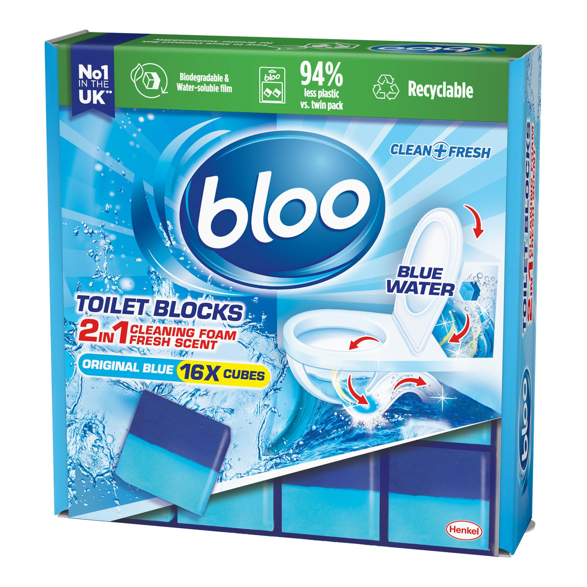 Bloo New 3in1 Toilet Blocks, Pack of 2, Toilet Limescale Remover Cistern Block, Toilet Cleaner Block with Cleaning and Foaming Action, Toilet Fresheners - Limescale Prevention