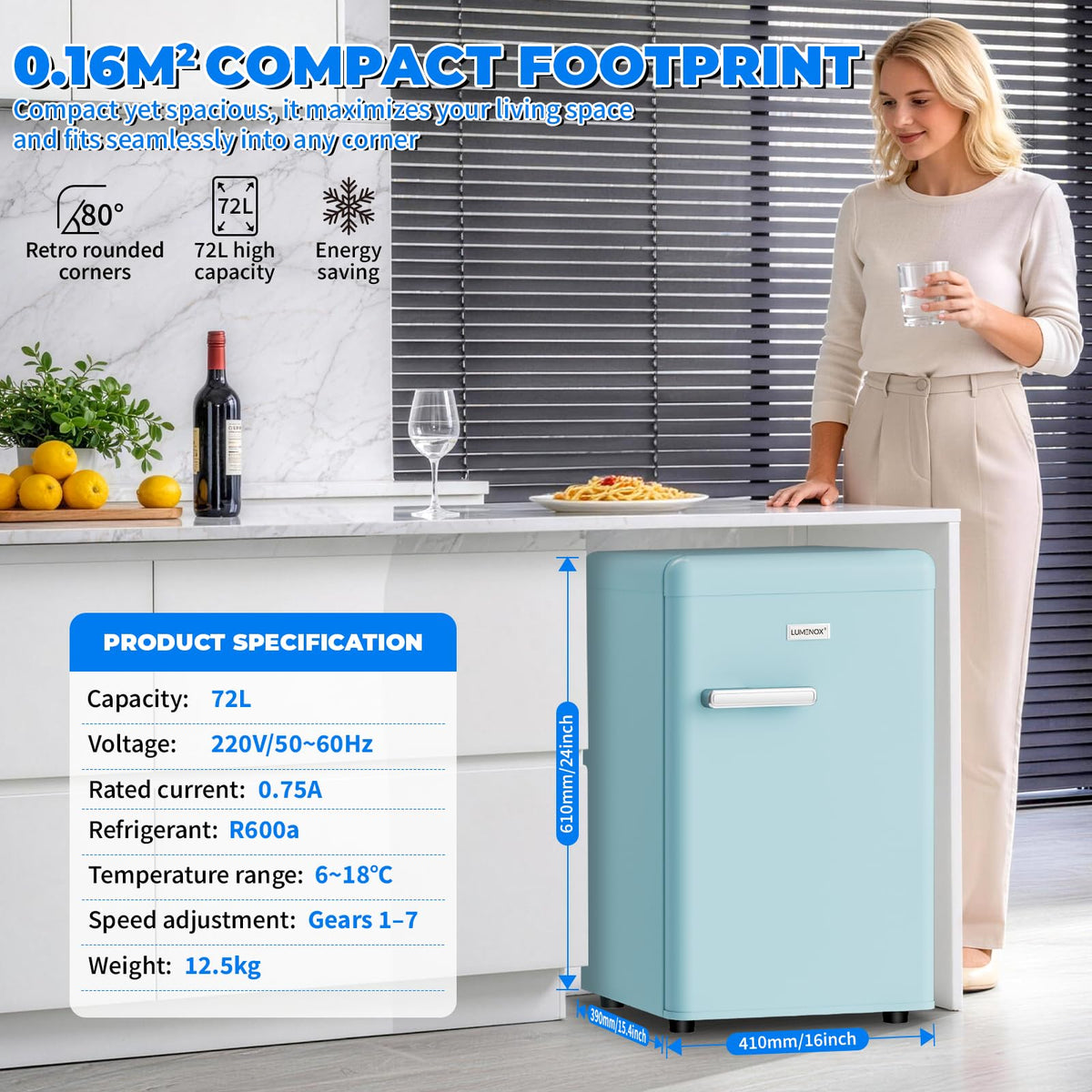 Retro Mini Fridge, 72L Compact Refrigerator, 43dB Quiet Operation, Adjustable 7-Temp Control, with LED Light, for Bedroom, Office, Kitchen & RV