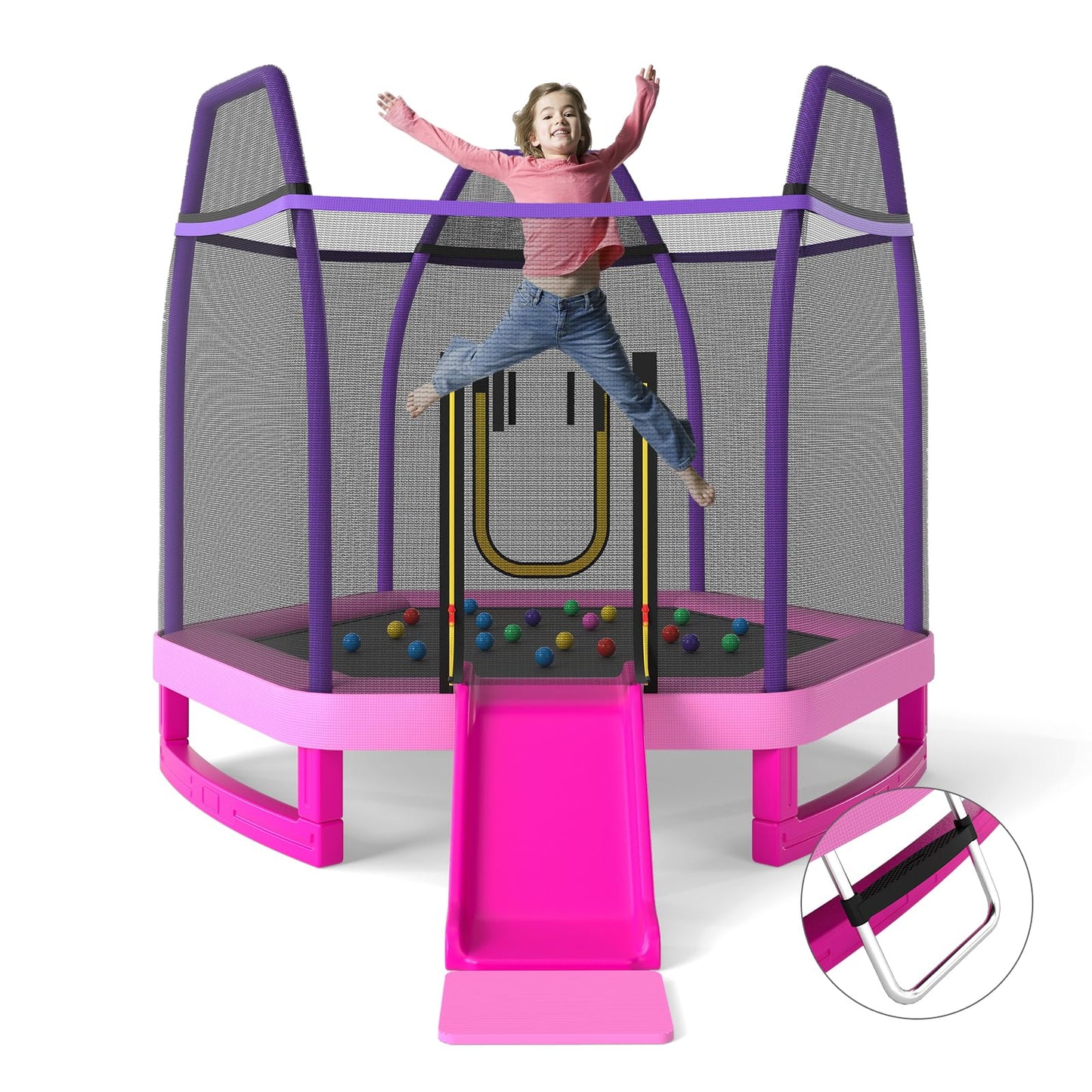COSTWAY 7ft Kids Trampoline, Hexagonal Trampolines with Slide, Ladder, Safety Enclosure Net and Ocean Balls, Toddler Jumping House for Indoor Outdoor