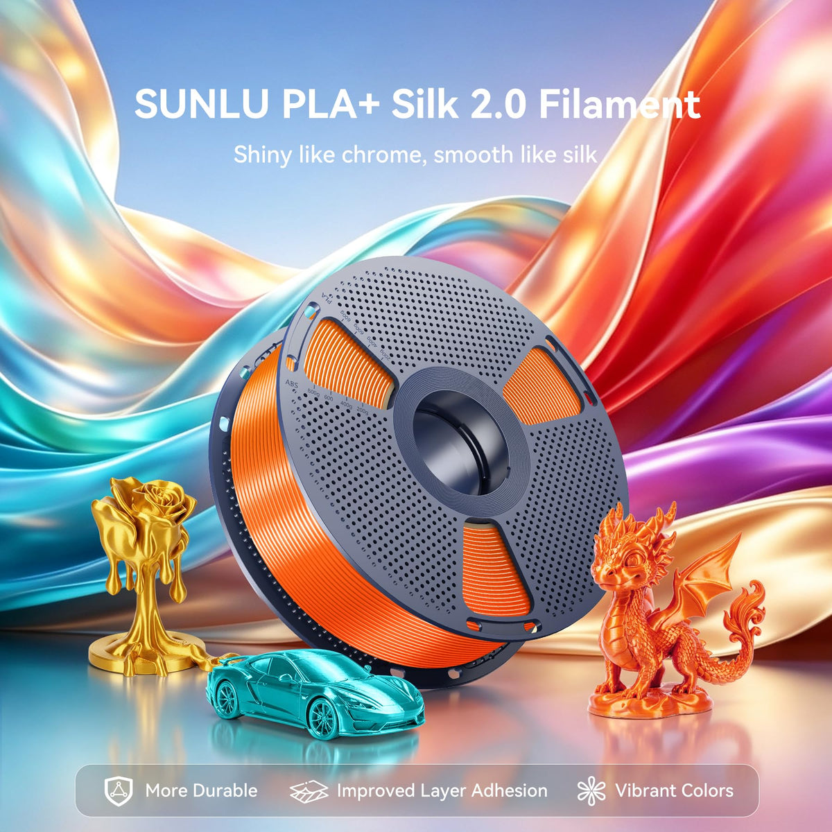 SUNLU 4KG Silk 2.0 PLA Filament 1.75, Gold+Silver+Titanium Steel+Copper Red