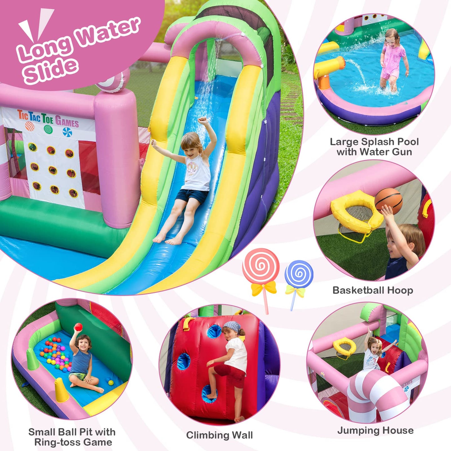 COSTWAY Kids Inflatable Water Park with Slide, Climbing Wall, Water Cannon, Splashing Pool, Blow up Bouncy Castle House for Summer Outdoor Play (with 50 Ocean Balls)