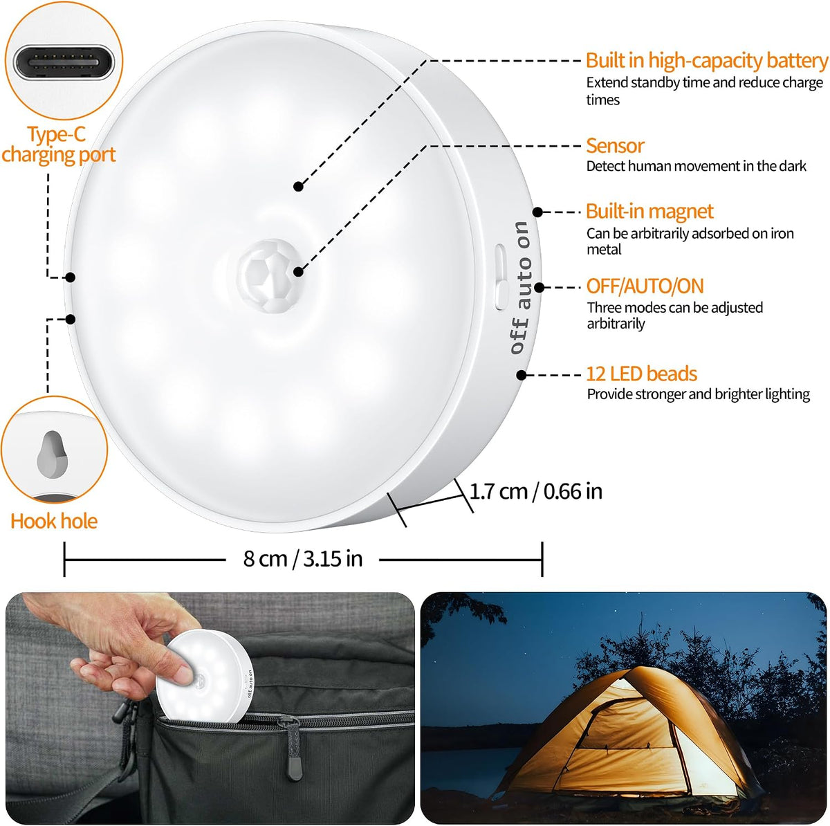 daphomeu Motion Sensor Lights Indoor,6 Pack Wireless USB Rechargeable Cupboard Lights,Stick on Wall Night Light,Battery Operated for Stair Wardrobe Corridors Closet Under Cabinet Kitchen Puck Lights