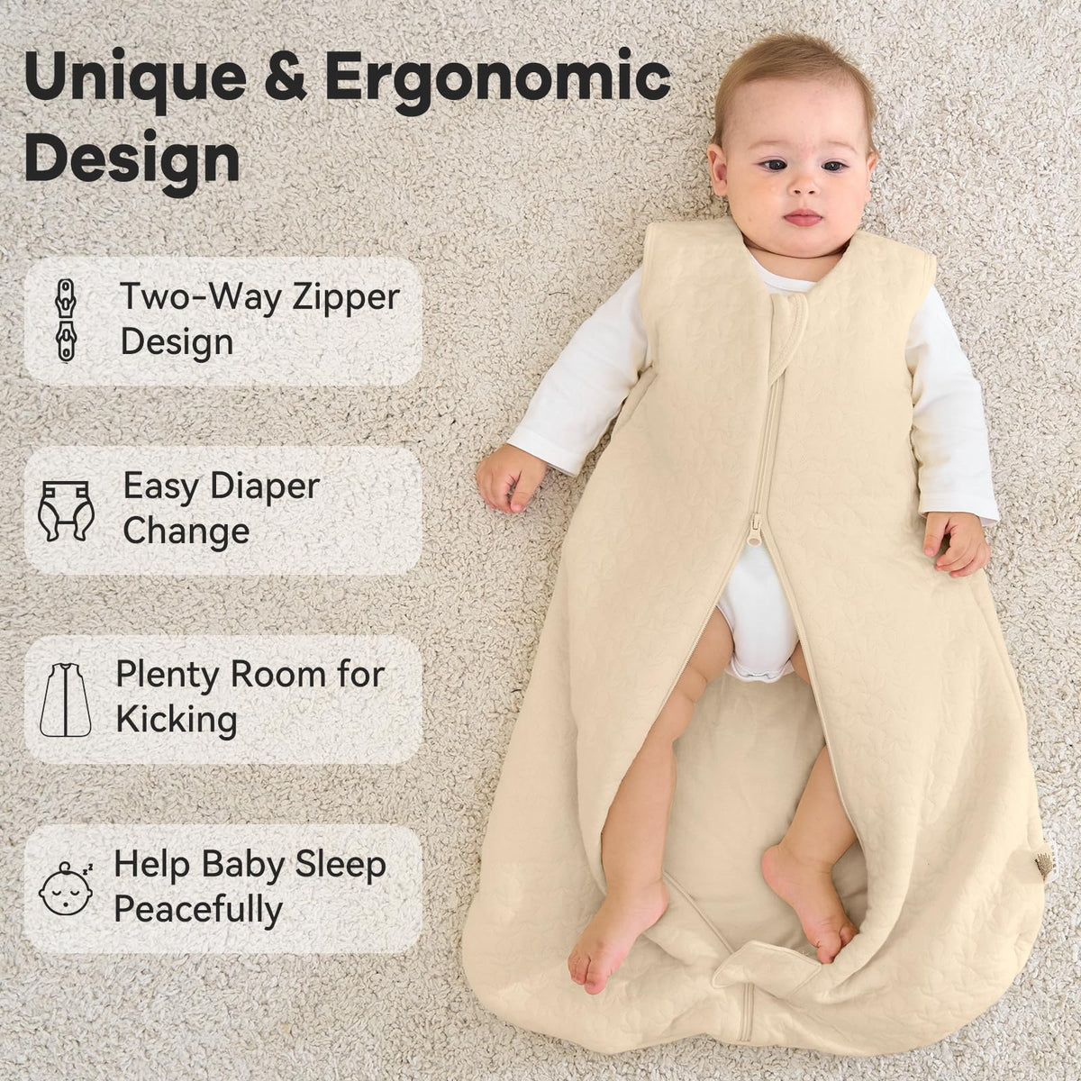 Unnivoll Baby Sleeping Bag 2.5 Tog 0-6 Months 100% Cotton Winter Sleeping Bag Baby 2-Way Zipper Quilted Sleep Sack for Newbron Infant Warm Soft Apricot