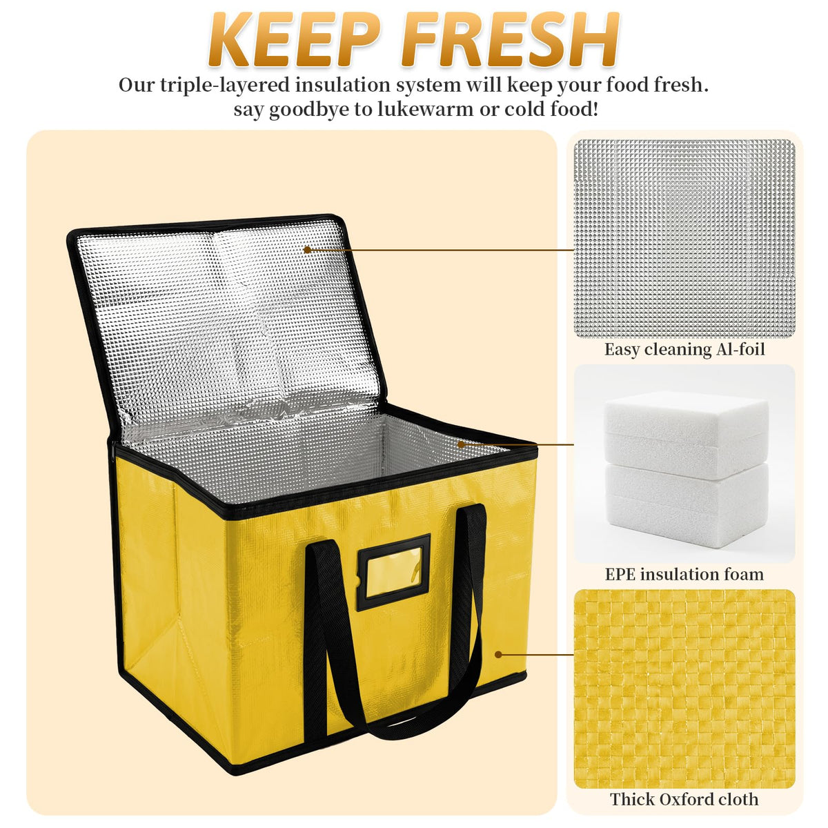 40L Insulated Thermal Food Delivery Bag for Hot & Cold Meals, Large Foldable Cooler with Insulation for Picnic, Camping, Lunch & Outdoor Use (Black)