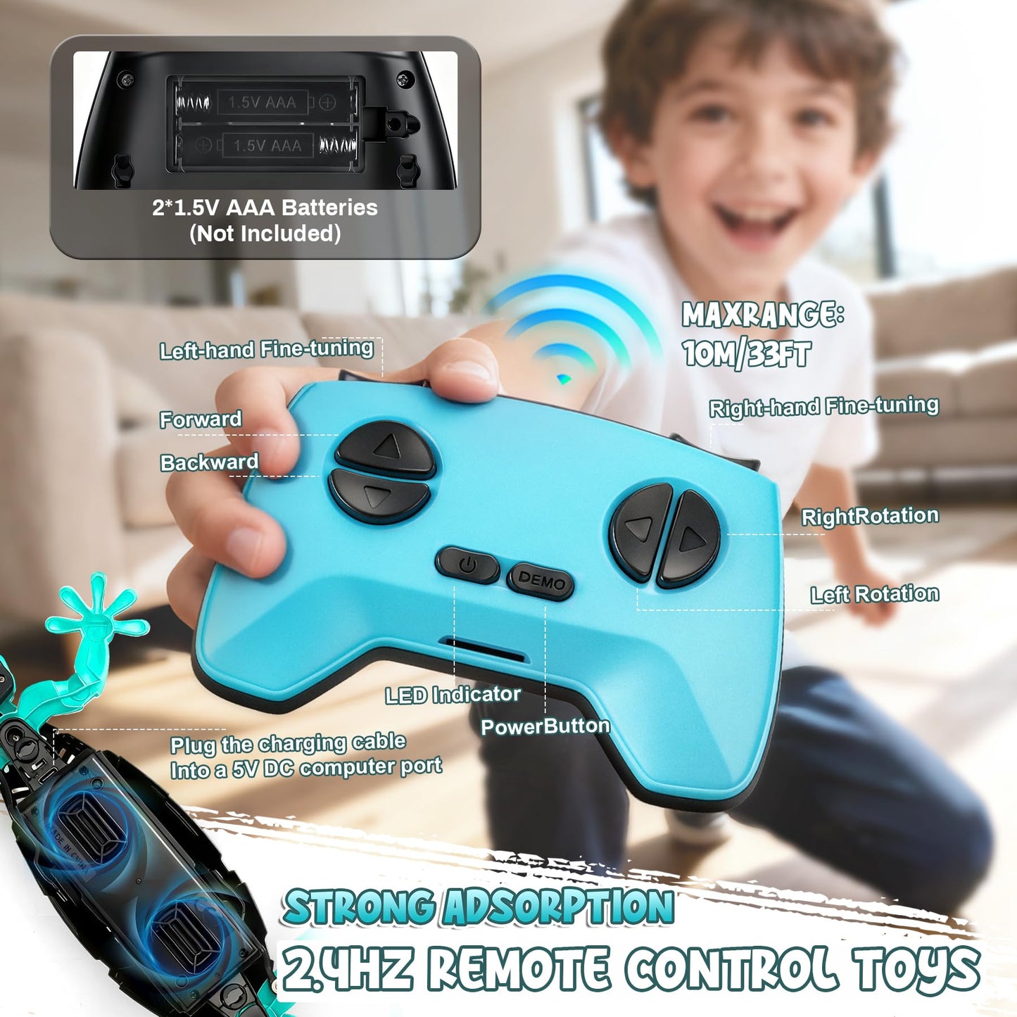 Wall Crawler Gecko, Remote Control Charging Gecko, 360 ° Rotation Lizard Remote Control Toy, Birthday Suitable for Boys and Girls, Boys Toys Age 4 (Blue)
