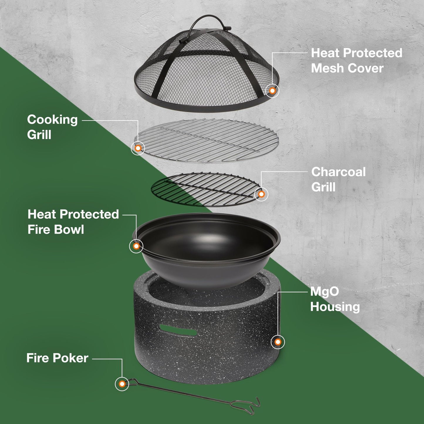 VonHaus Fire Pit – 2 in 1 Firepit with BBQ Cooking Grill for Outdoor, Garden, Patio – MgO Material, Stone Effect Finish, Fire Poker & Mesh Cover Included, Carry Handles – Use Wood or Charcoal to Fuel