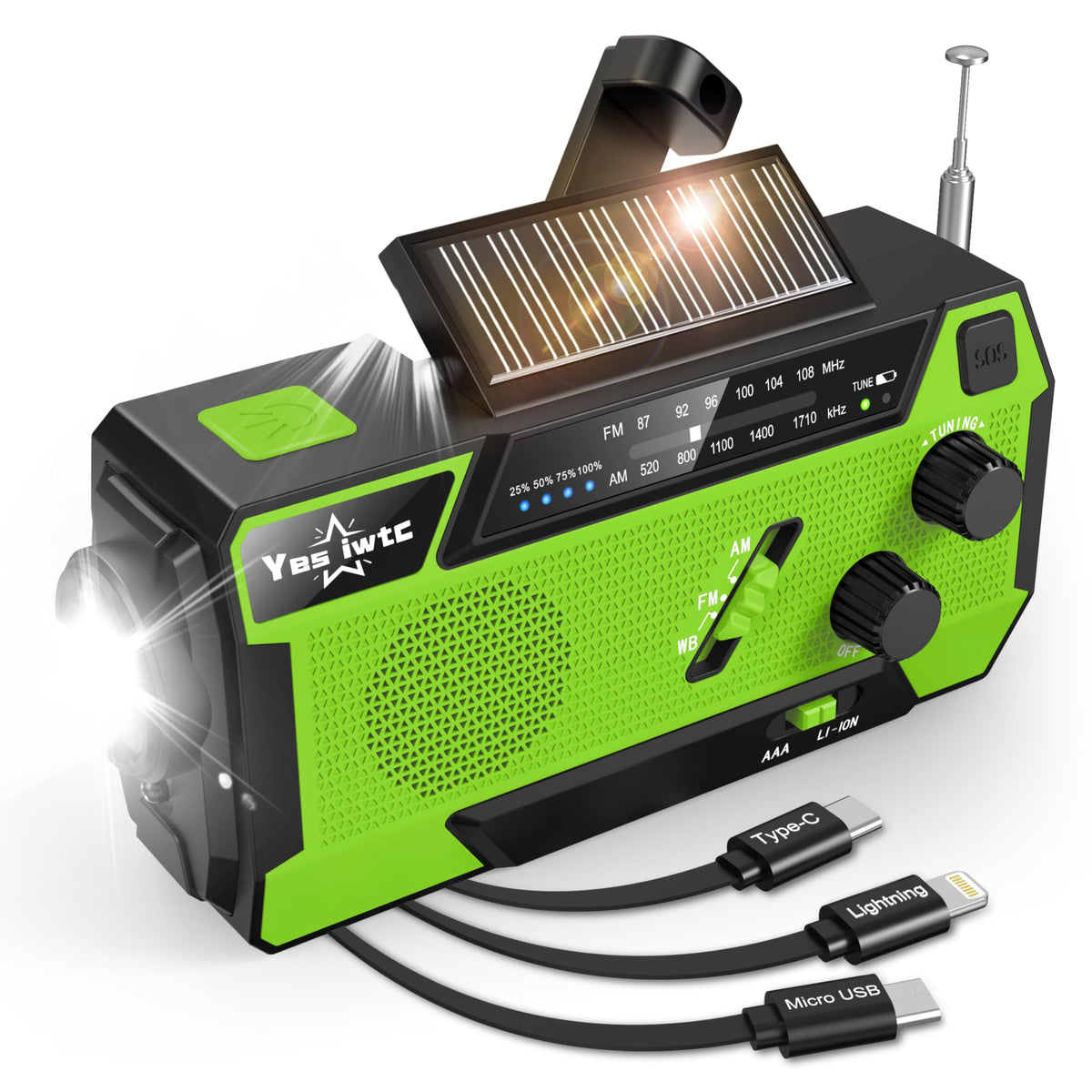Wind Up Solar Radio, 7400mWh (2000mAh) Solar Powered Radio Emergency Hand Crank Radio with 3 Built-in Cables, Battery Operated, SOS Alarm & Flashlight, Emergency wind up torch for Hurricane, Emergency