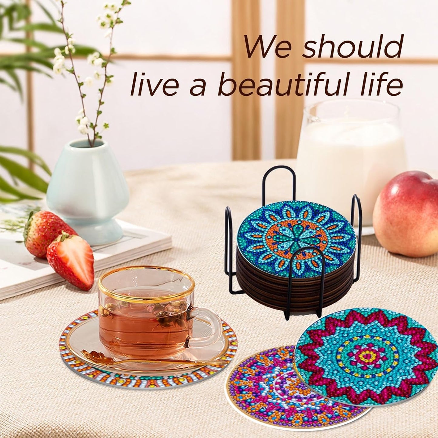 8 Pcs Flowers Diamond Art Coasters Kits for Adults Begainners,Full Drill Diamond Painting Coasters Kit with Holder,DIY Gem Painting Craft Kits for Adults Supplies Gift (Flowers).