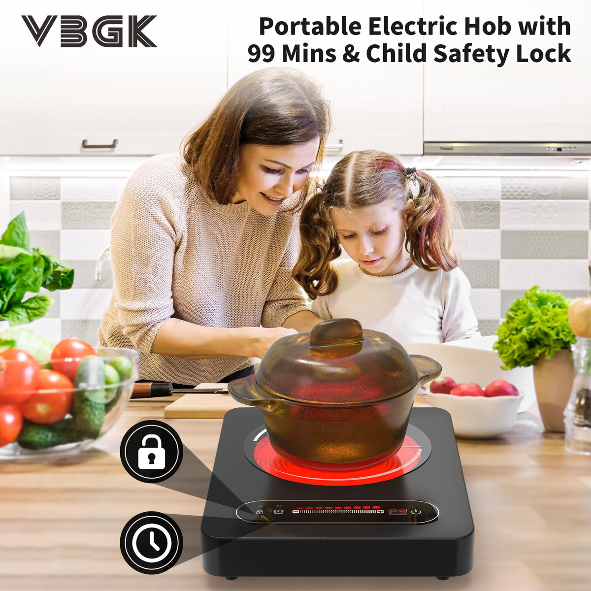VBGK 2 Ring Electric Hob with Knob, 220V 3000W Double Ceramic Hob, 9 Power Levels, Kids Lock & Timer, Hot Surface Indicator, Overheat Protection, Knob and Touch Control Double Electric Hob