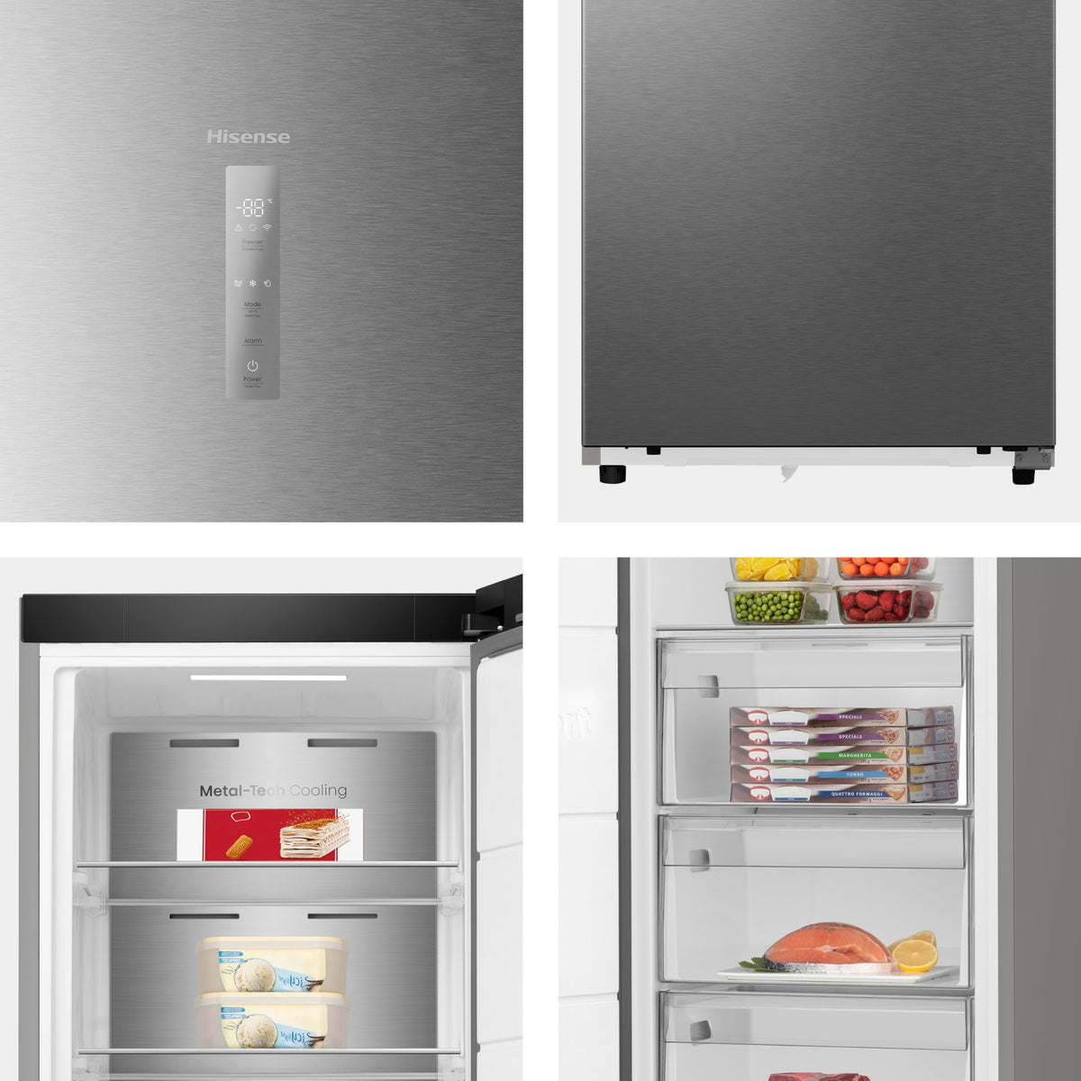 Hisense FV298N4ACE Tall Freestanding Freezer 240 Litre Capacity Total No Frost with LED Display 59D x 59.5W x 172H cm - Stainless Steel, Silver