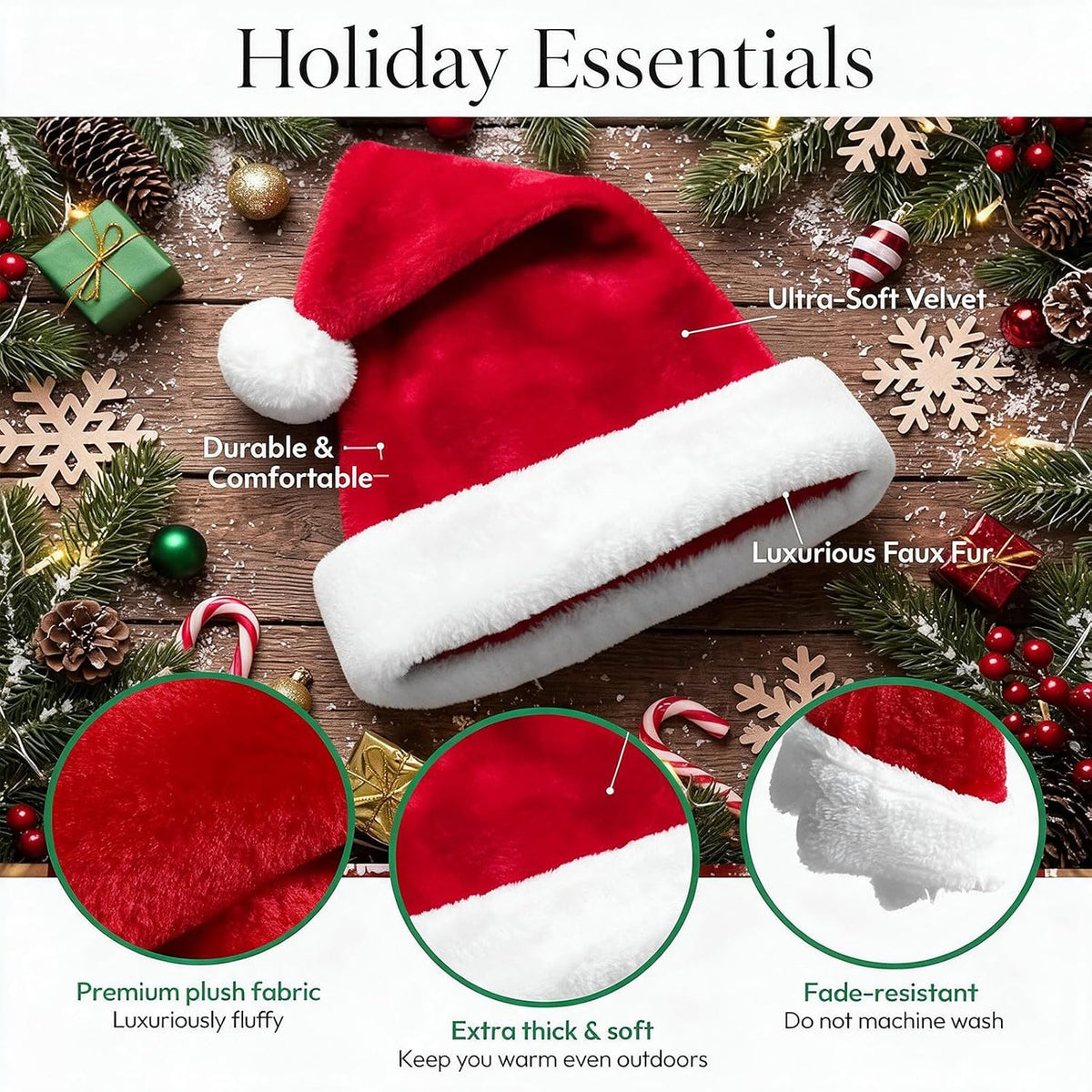 Mepham Santa Hats, Classic Plush Christmas Hat with Fluffy Pom Pom for Adults, Warm Festive Headwear for Xmas Office Party and Holiday Dress Up