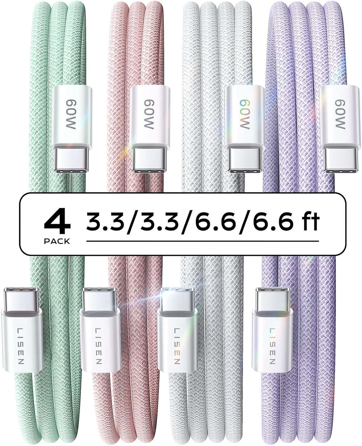 LISEN 60W for Samsung Type C 4-Pack [1M+1M+2M+2M] USB C Charger Cable for iPhone 15 Pro Max, iPad Pro/Air/Mini, Samsung S24, LG, Google Pixel