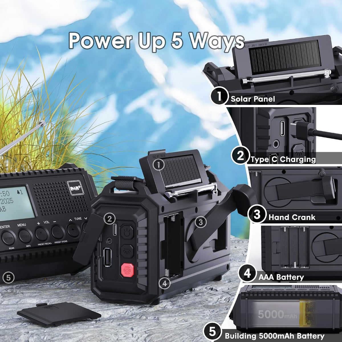 ROCAM Wind up Radio Solar, Battery, Torch, Portable DAB Radio