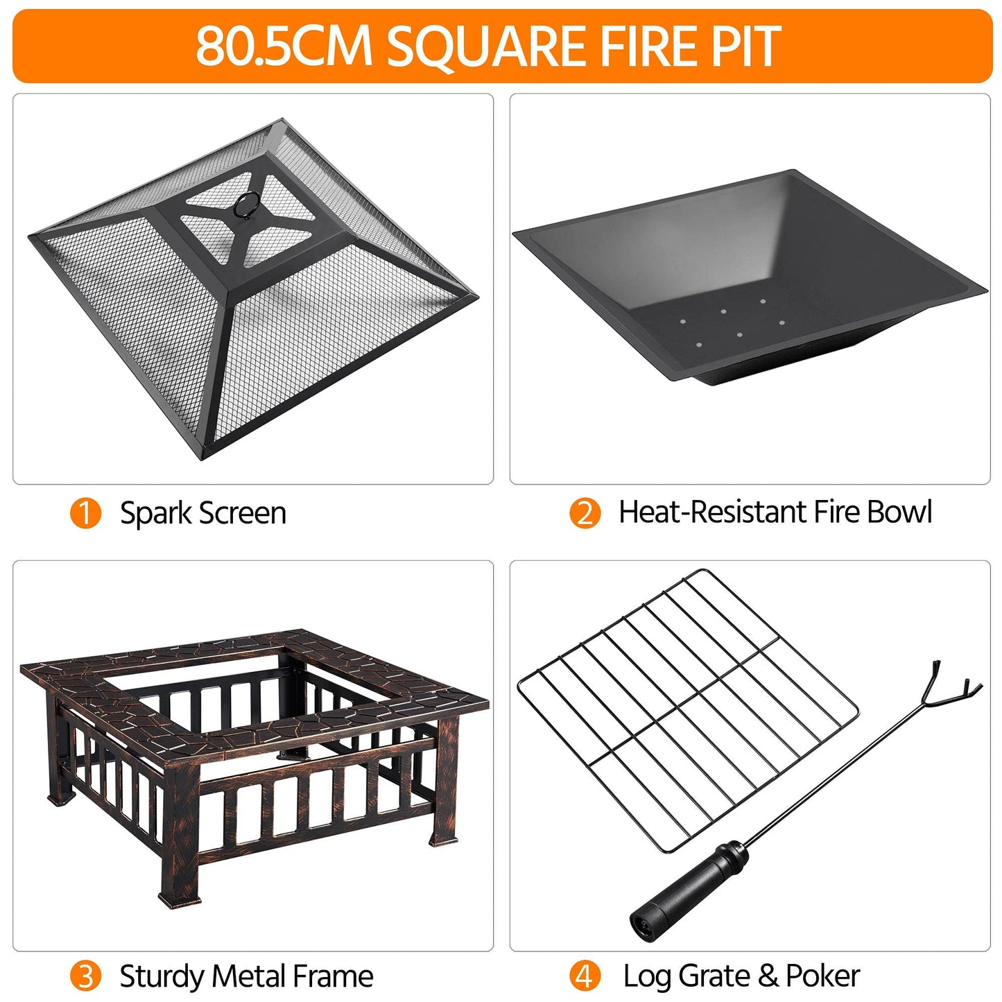 Yaheetech Outdoor Fire Pit 81cm Square Fire pits 3-in-1 Heat-resistant Metal Garden Stove for Barbecue, Heating, Cooling Drinks with Cover & Poker, Black