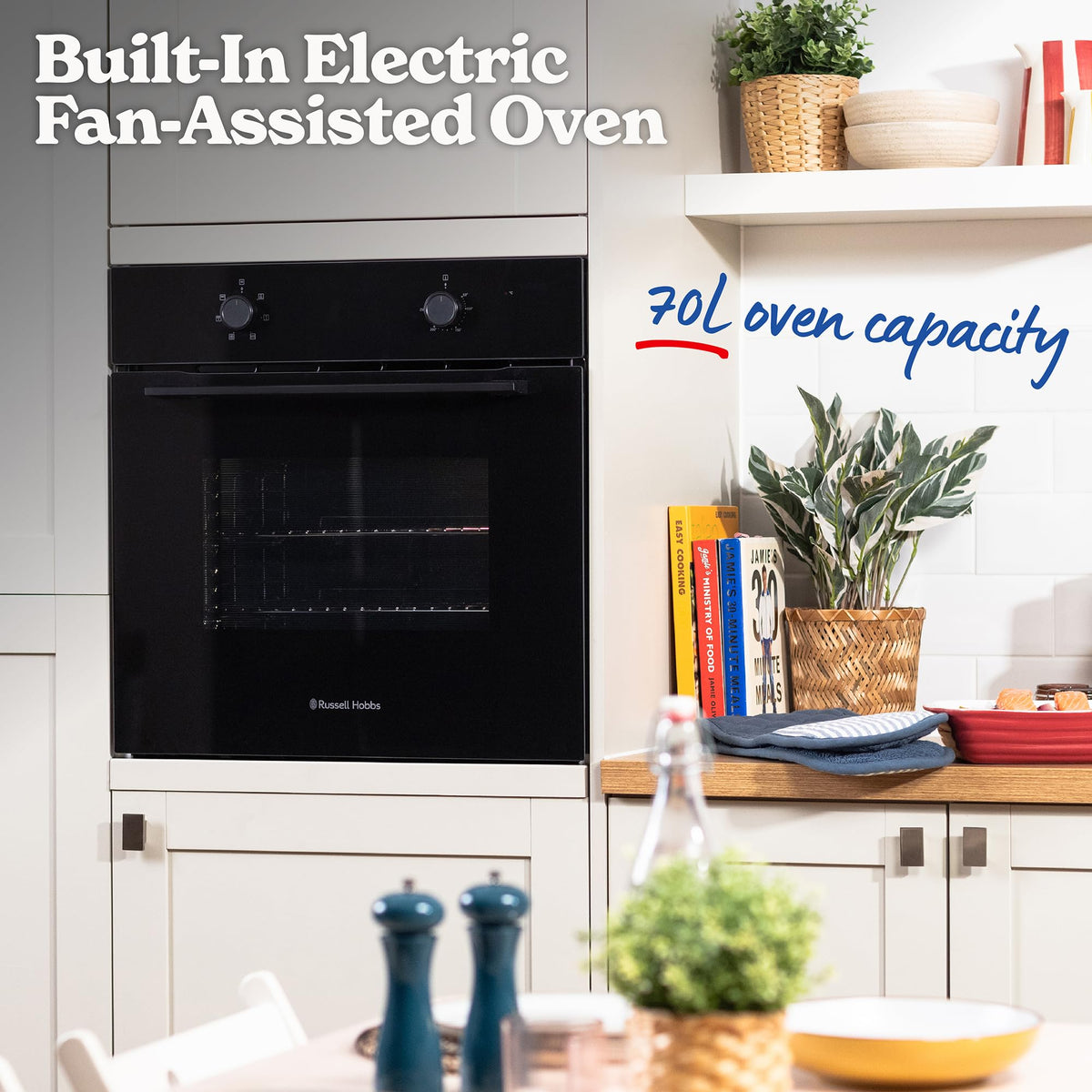 Russell Hobbs 70L, 60cm Wide, Single Electric Built-in Fan Oven and Grill in Stainless Steel, 6 Oven Functions, RHFEO7004SS