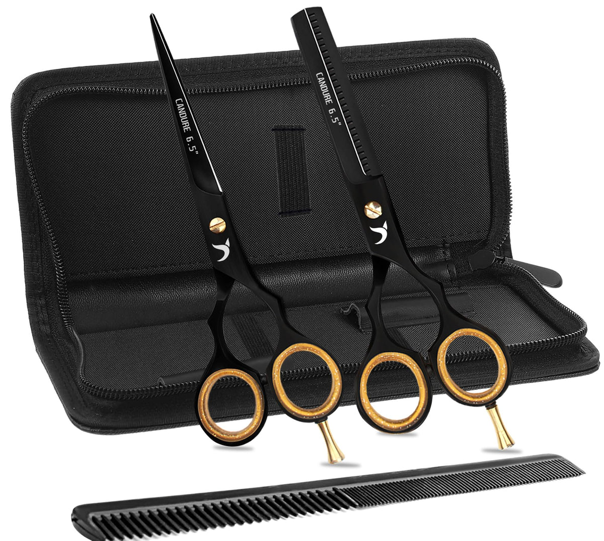 Candure Hairdressing Scissor with Comb & Leather Pouch 6.5" - Hair Scissor for Professional Hairdressers, Barbers Stainless Steel Hair Cutting Shears for Salon, Men, Women, Children and Adults Black