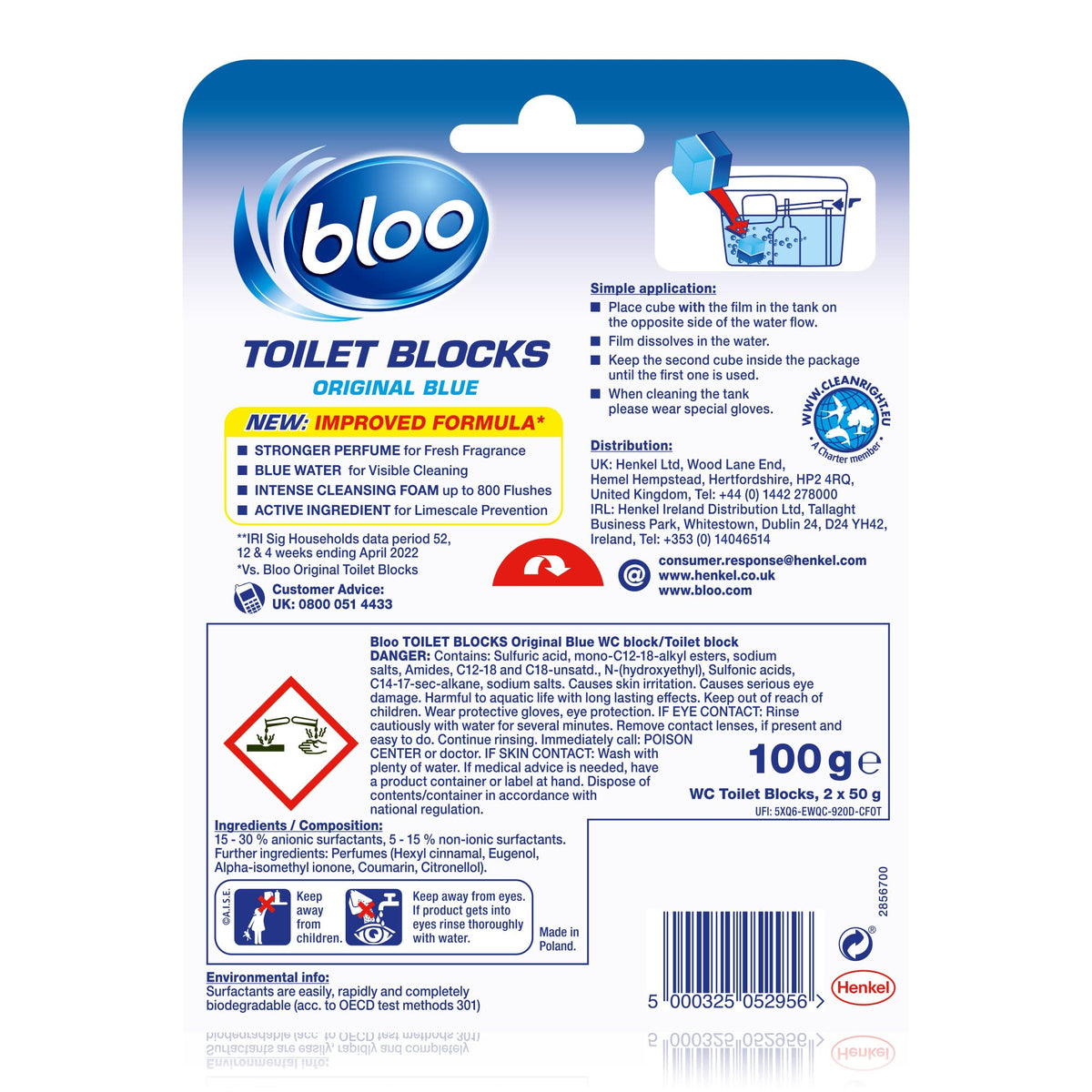 Bloo New 3in1 Toilet Blocks, Pack of 2, Toilet Limescale Remover Cistern Block, Toilet Cleaner Block with Cleaning and Foaming Action, Toilet Fresheners - Limescale Prevention