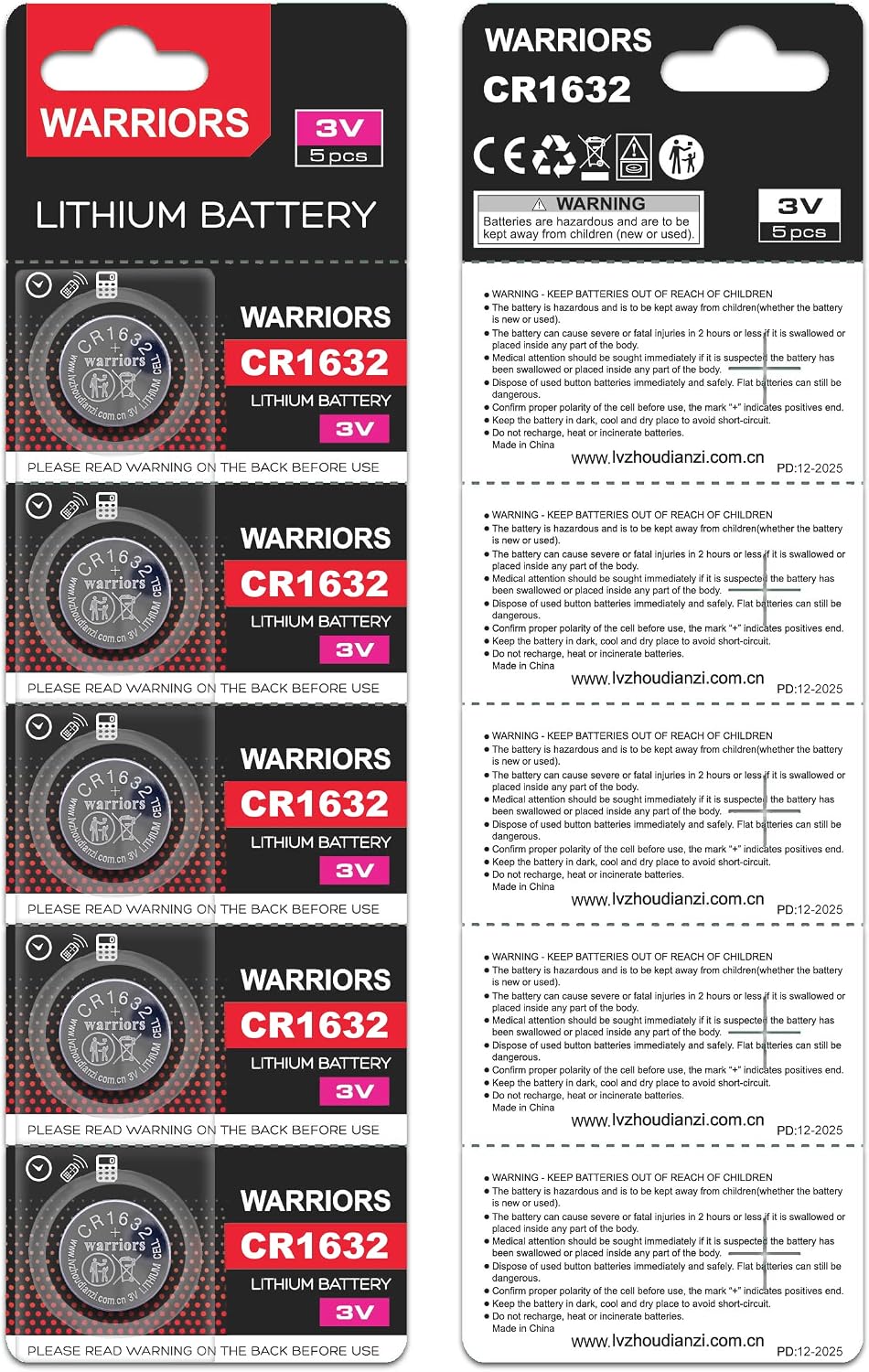 Warriors 5X CR1632 Batteries, 3V Lithium Coin Batteries