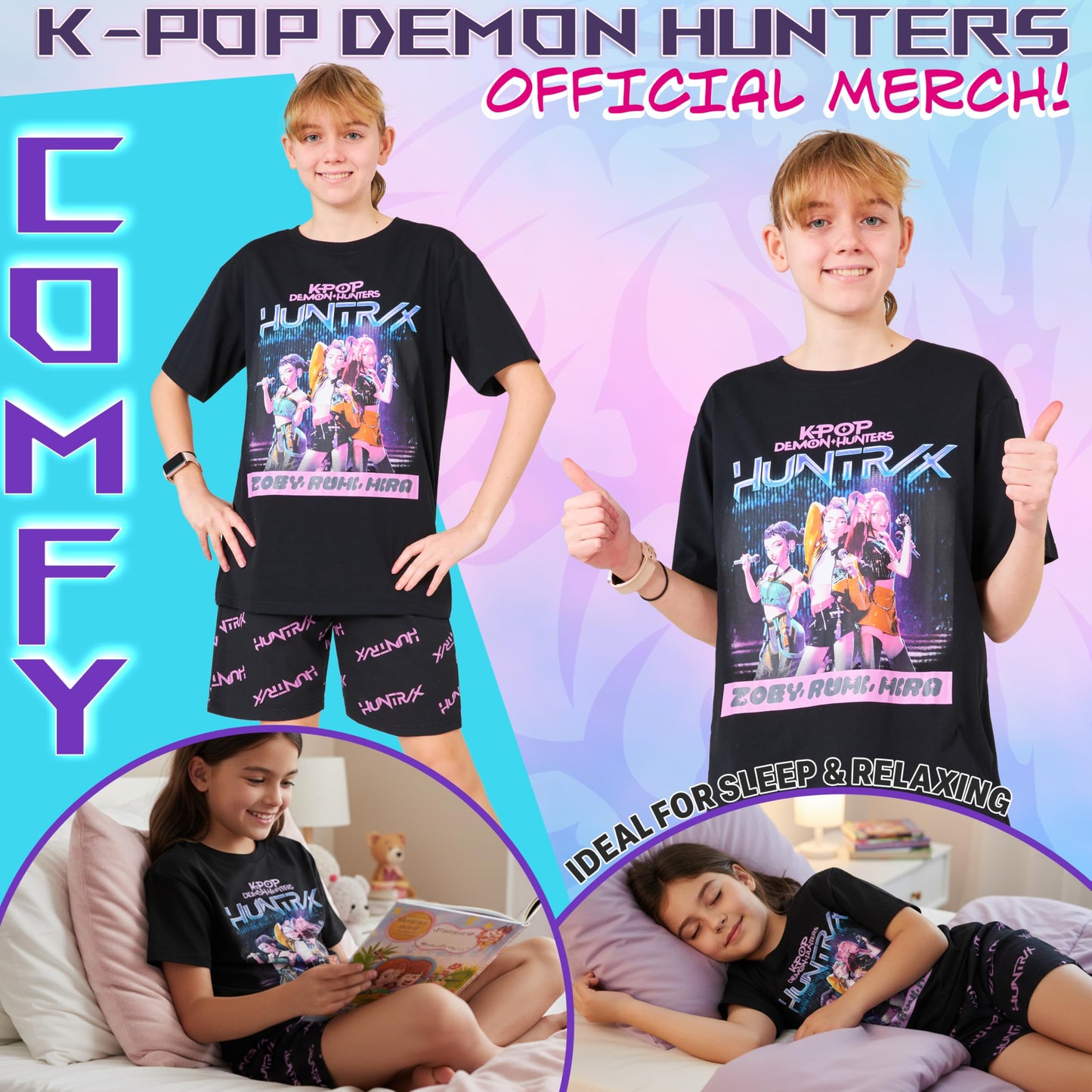 KPop Demon Hunters Official Girls Pyjama Set 5-14 Yrs, 2 Pcs Pjs Shorts & T-shirt, Huntrix Saja Boys Derpy Tiger Merch Gifts