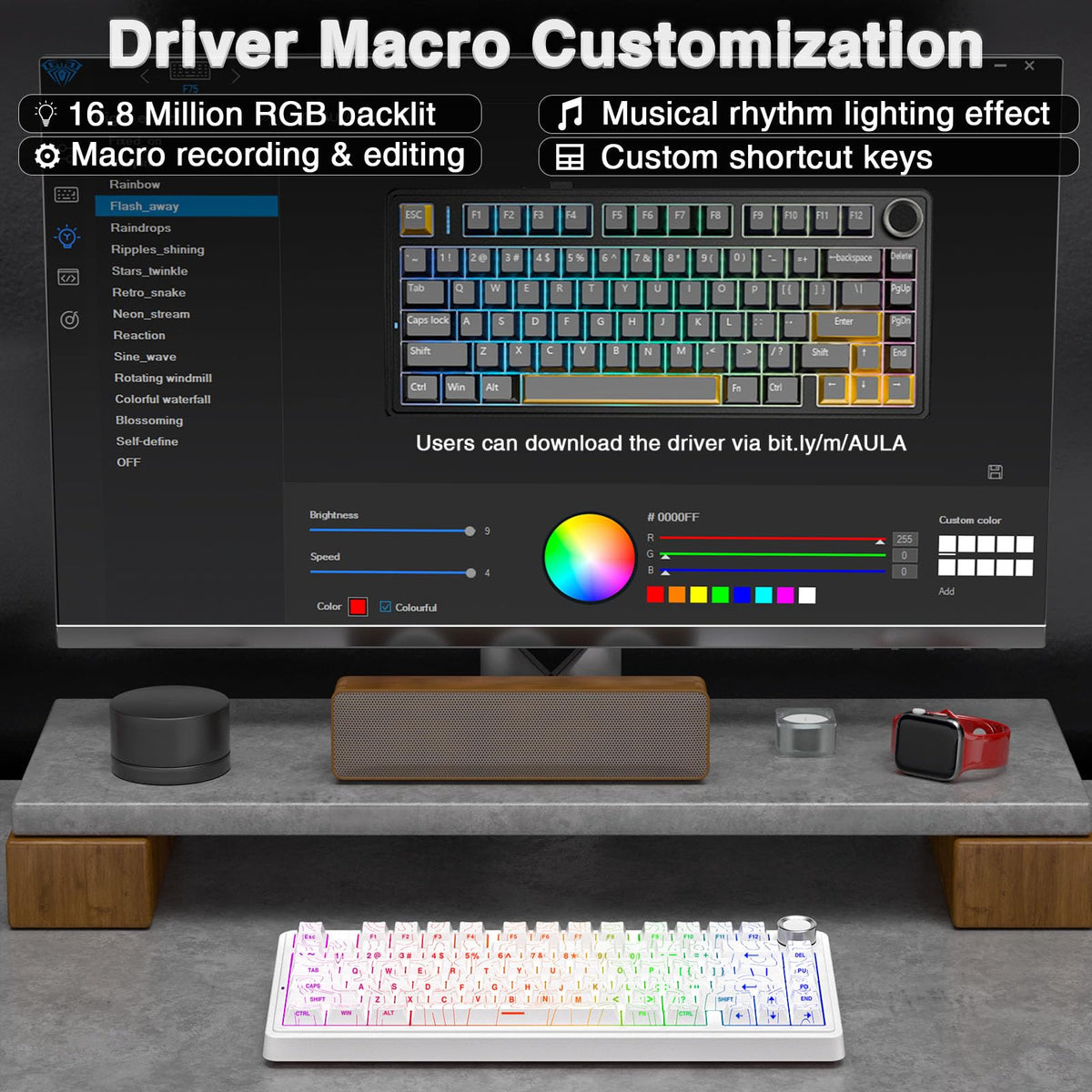 AULA F75 75% Wireless Mechanical Keyboard,2.4Ghz/Type-C/BT5.0 Gaming Keyboards,Advanced Structure,RGB Backlight,Hot Swappable Custom Keyboard for PC/Mac (Cool Black)