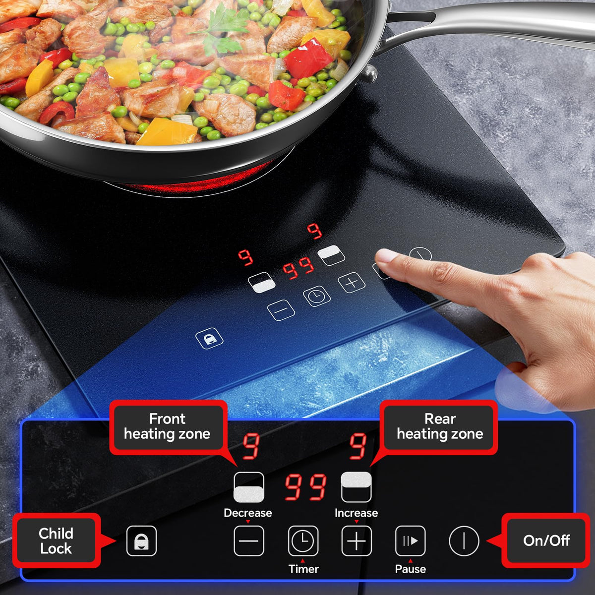 Single Induction Hob 2000W, Portable Induction Cooker with 10 Power & Temperature Levels, Touch Control, Child Lock, 3-Hour Timer, Residual Heat Indicator, Black Glass Panel Electric Hob