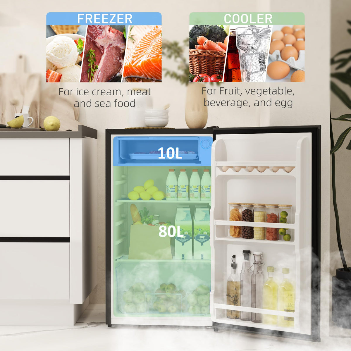 HOMCOM Under Counter Fridge 91L Small Fridge with Chiller Box Silver Tone