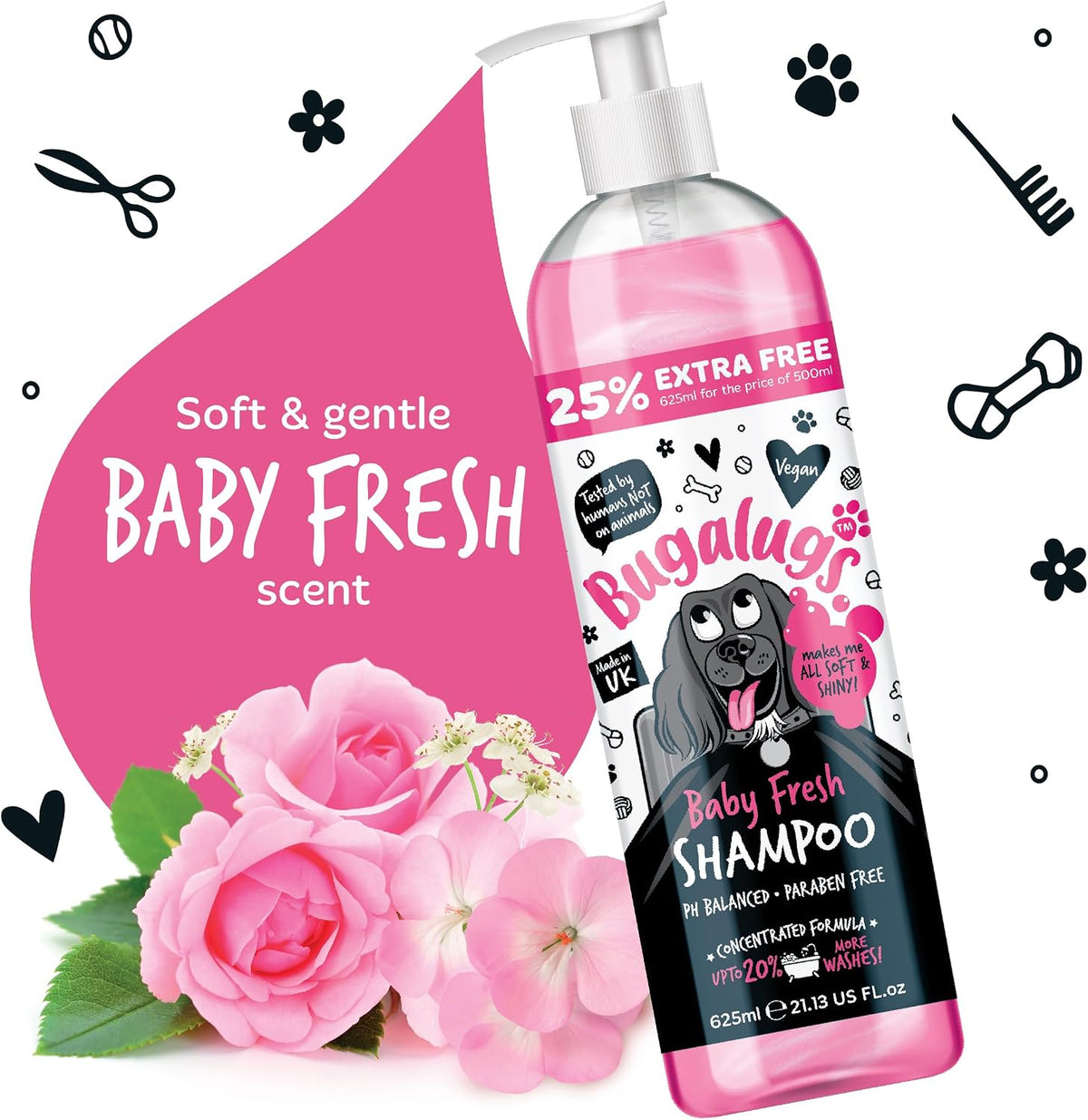 BUGALUGS Baby Fresh Dog Shampoo grooming products for smelly dogs with baby powder scent, best puppy shampoo, Vegan pet shampoo professional (625ml)