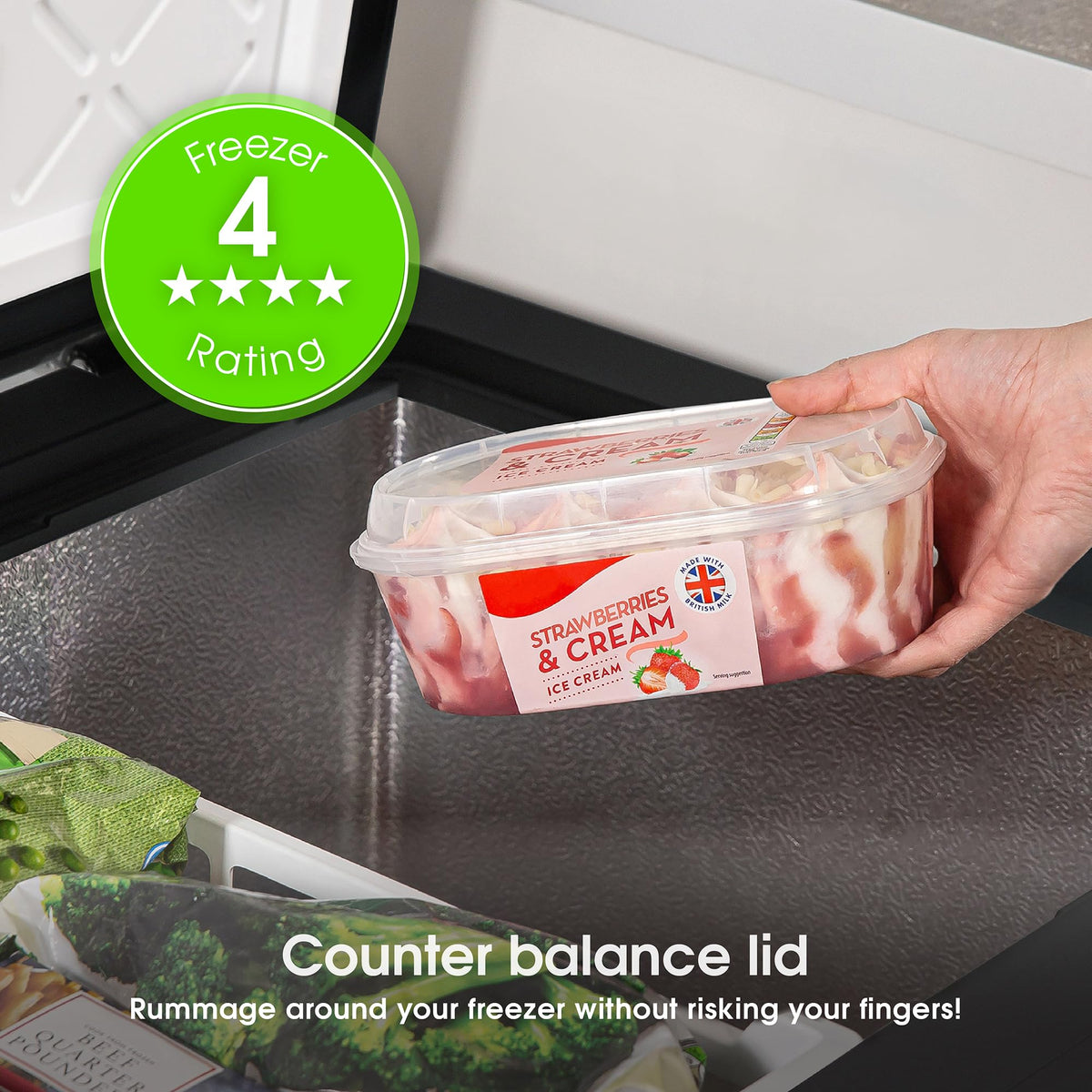 Abode Freestanding White Chest Freezer 99L with Removable Wire Basket & Counter Balance Lid, Adjustable Thermostat, 4 Star Freezer, Suitable for Garages & Outbuildings A99CF0E1W