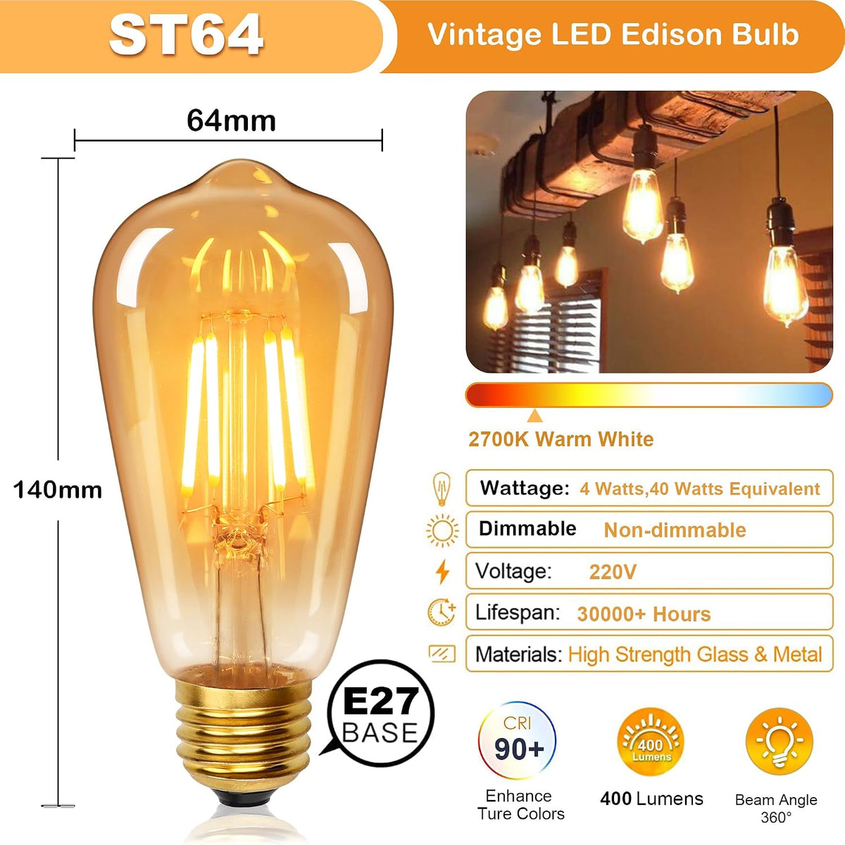 YUNRRD Vintage Light Bulb E27 Screw LED Edison Bulb,Warm White,4W,2Pcs