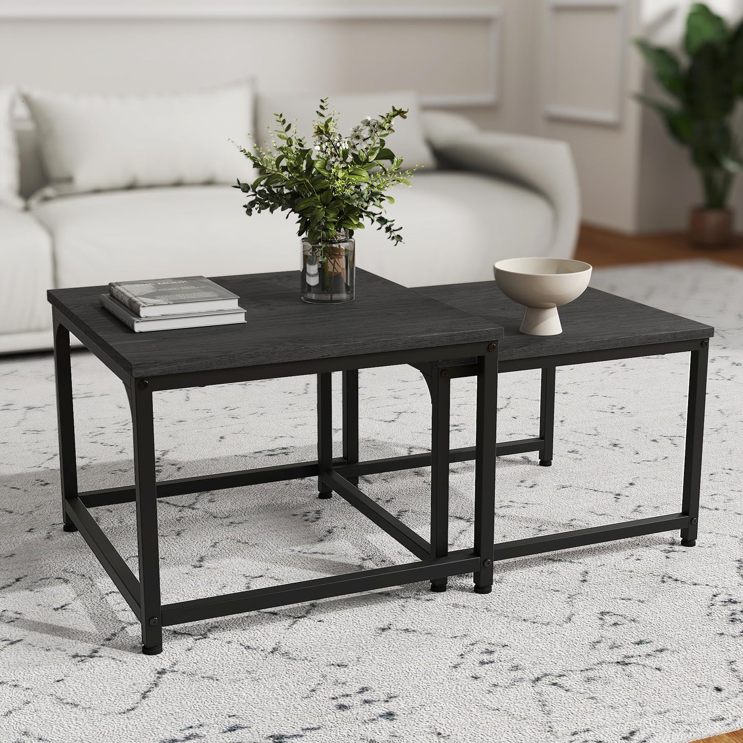 Hawthyhome Coffee Tables, Round Nesting Tables Tet of 2, Modern Side Tables with Metal Frame, Industrial Stacking End Tables for Living Room Bedroom Office, 60 * 60 * 45cm, Brown