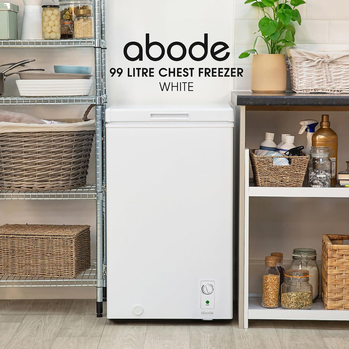 Abode Freestanding White Chest Freezer 99L with Removable Wire Basket & Counter Balance Lid, Adjustable Thermostat, 4 Star Freezer, Suitable for Garages & Outbuildings A99CF0E1W