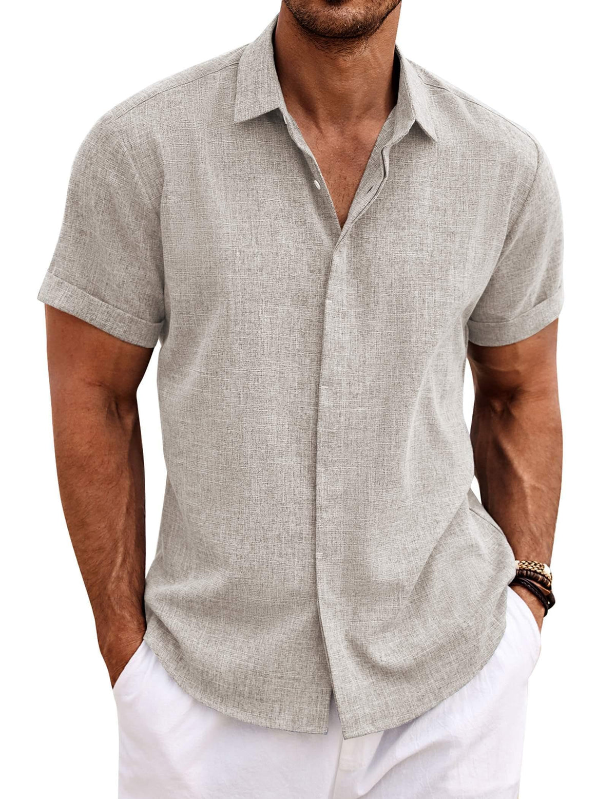 COOFANDY Mens Linen Shirts Short Sleeved Summer Regular Fit Button Down Hawaiian Holiday Tops